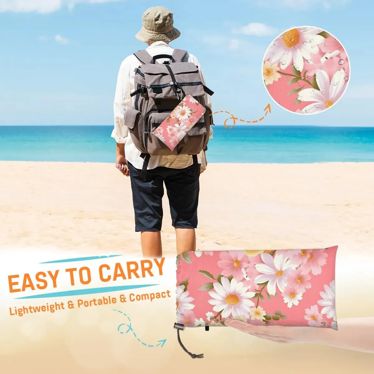 Beach Blanket, Spring Daisy Sandproof Beach Mat, Waterproof Quick Drying Sand Free Mat with 4 x Ground Spikes for Outdoor Travel Camping Hiking, Summer Watercolor Flower 68 x 59 in