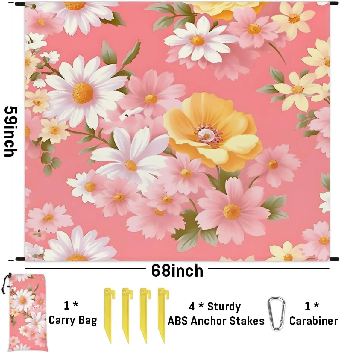 Beach Blanket, Spring Daisy Sandproof Beach Mat, Waterproof Quick Drying Sand Free Mat with 4 x Ground Spikes for Outdoor Travel Camping Hiking, Summer Watercolor Flower 68 x 59 in