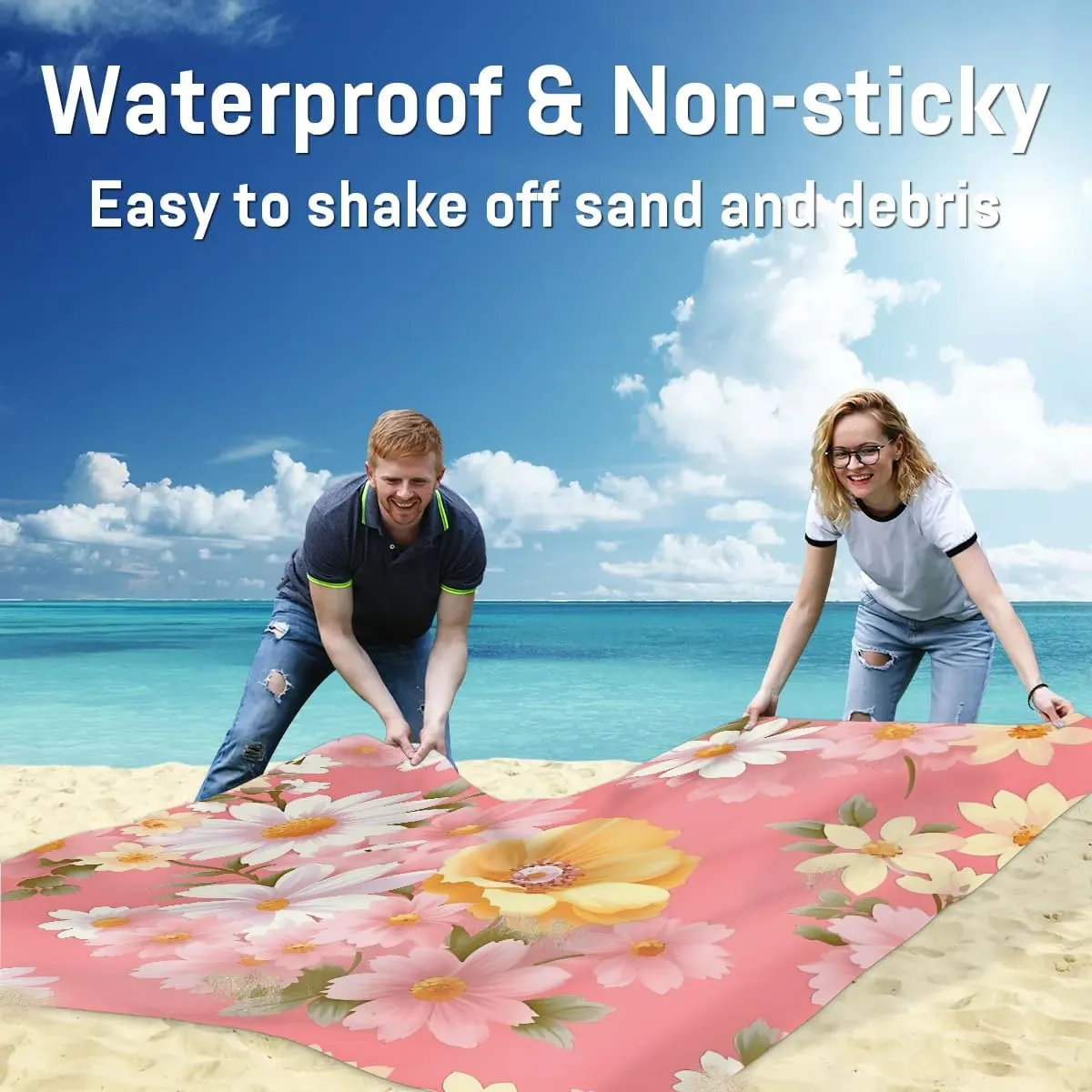 Beach Blanket, Spring Daisy Sandproof Beach Mat, Waterproof Quick Drying Sand Free Mat with 4 x Ground Spikes for Outdoor Travel Camping Hiking, Summer Watercolor Flower 68 x 59 in