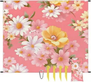 Beach Blanket, Spring Daisy Sandproof Beach Mat, Waterproof Quick Drying Sand Free Mat with 4 x Ground Spikes for Outdoor Travel Camping Hiking, Summer Watercolor Flower 68 x 59 in
