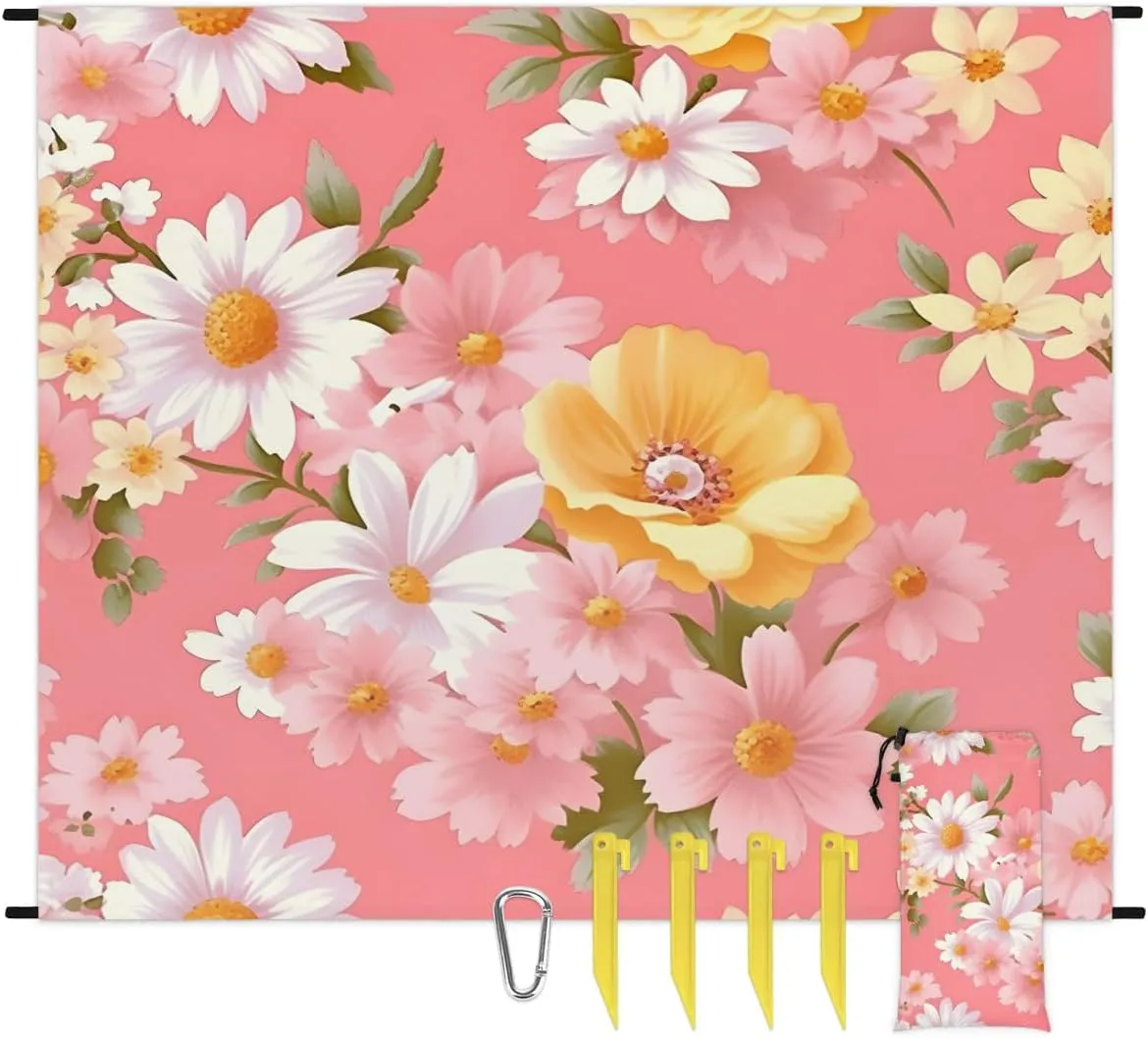 Beach Blanket, Spring Daisy Sandproof Beach Mat, Waterproof Quick Drying Sand Free Mat with 4 x Ground Spikes for Outdoor Travel Camping Hiking, Summer Watercolor Flower 68 x 59 in
