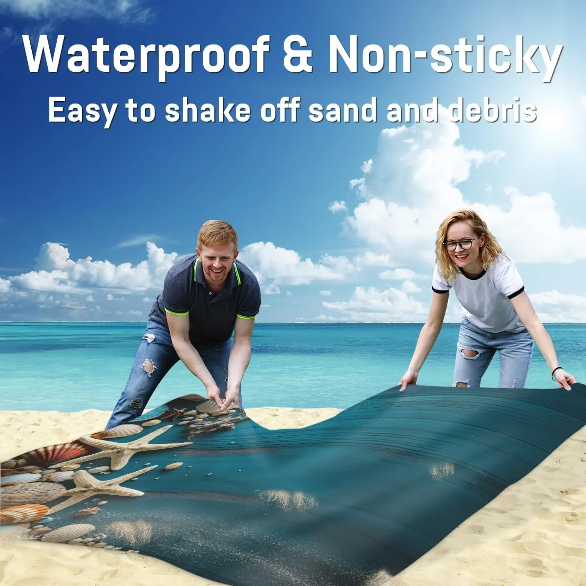 Beach Blanket, Starfish Shell Sandproof Beach Mat, Waterproof Quick Drying Sand Free Mat with 4 x Ground Spikes for Outdoor Travel Camping Hiking, Starfish Shell 68 x 59 in