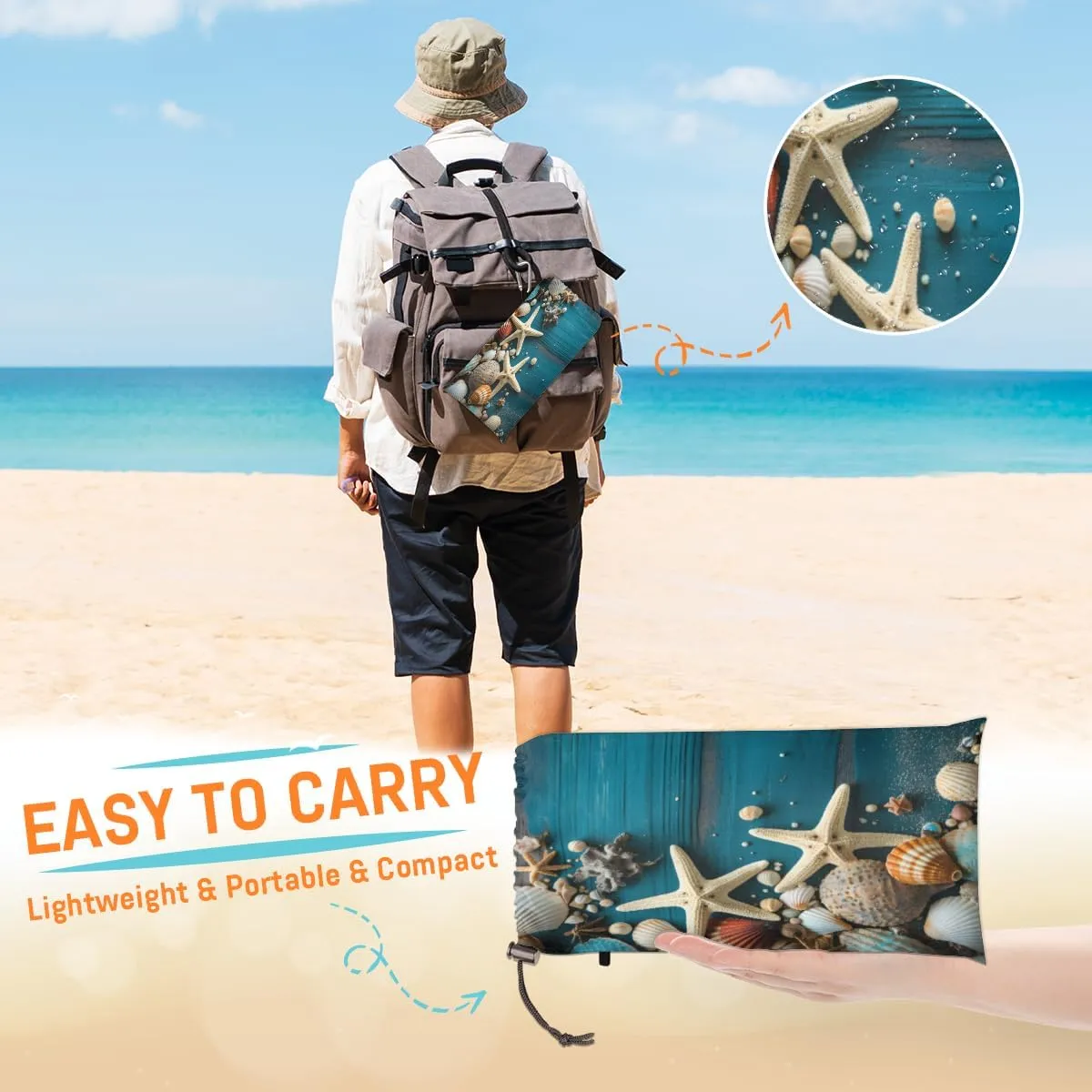 Beach Blanket, Starfish Shell Sandproof Beach Mat, Waterproof Quick Drying Sand Free Mat with 4 x Ground Spikes for Outdoor Travel Camping Hiking, Starfish Shell 68 x 59 in