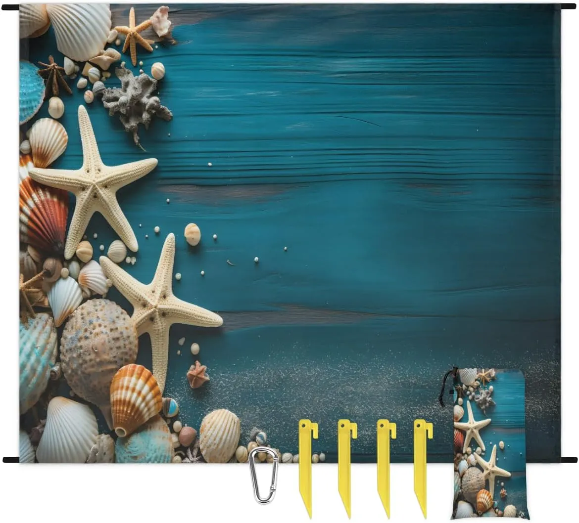 Beach Blanket, Starfish Shell Sandproof Beach Mat, Waterproof Quick Drying Sand Free Mat with 4 x Ground Spikes for Outdoor Travel Camping Hiking, Starfish Shell 68 x 59 in