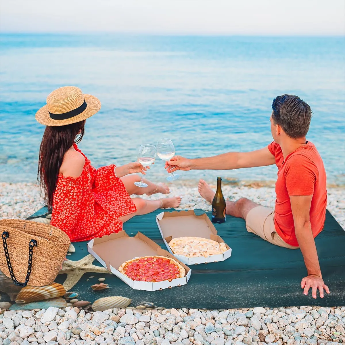Beach Blanket, Starfish Shell Sandproof Beach Mat, Waterproof Quick Drying Sand Free Mat with 4 x Ground Spikes for Outdoor Travel Camping Hiking, Starfish Shell 68 x 59 in