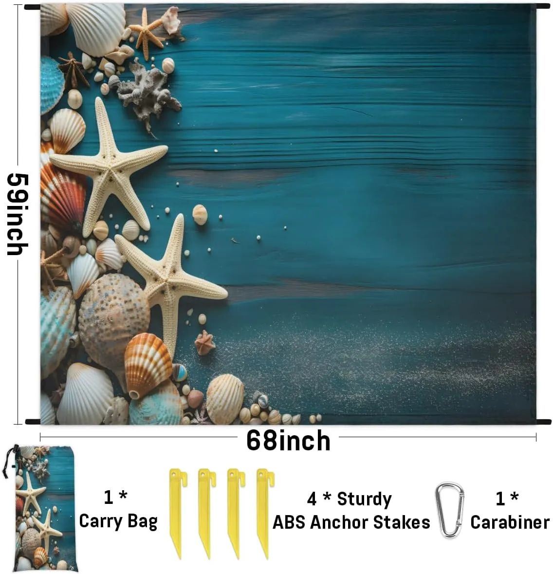Beach Blanket, Starfish Shell Sandproof Beach Mat, Waterproof Quick Drying Sand Free Mat with 4 x Ground Spikes for Outdoor Travel Camping Hiking, Starfish Shell 68 x 59 in