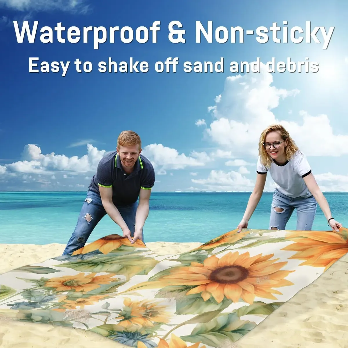 Beach Blanket, Sunflower Theme Sandproof Beach Mat, Waterproof Quick Drying Sand Free Mat with 4 x Ground Spikes for Outdoor Travel Camping Hiking, Sunflowers 68 x 59 in