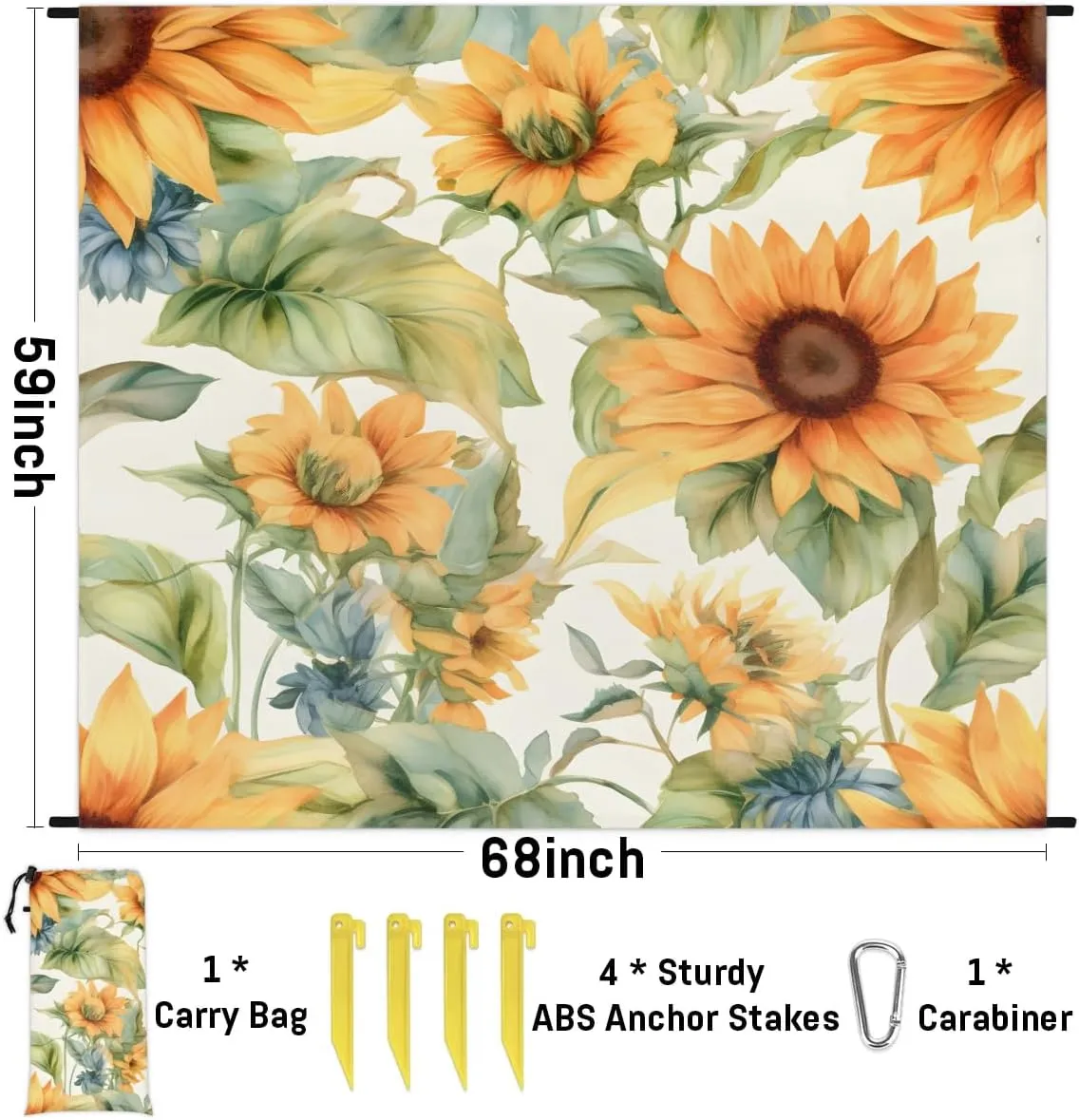Beach Blanket, Sunflower Theme Sandproof Beach Mat, Waterproof Quick Drying Sand Free Mat with 4 x Ground Spikes for Outdoor Travel Camping Hiking, Sunflowers 68 x 59 in