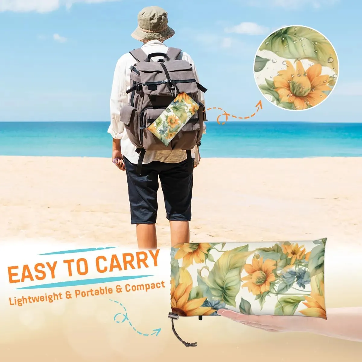 Beach Blanket, Sunflower Theme Sandproof Beach Mat, Waterproof Quick Drying Sand Free Mat with 4 x Ground Spikes for Outdoor Travel Camping Hiking, Sunflowers 68 x 59 in
