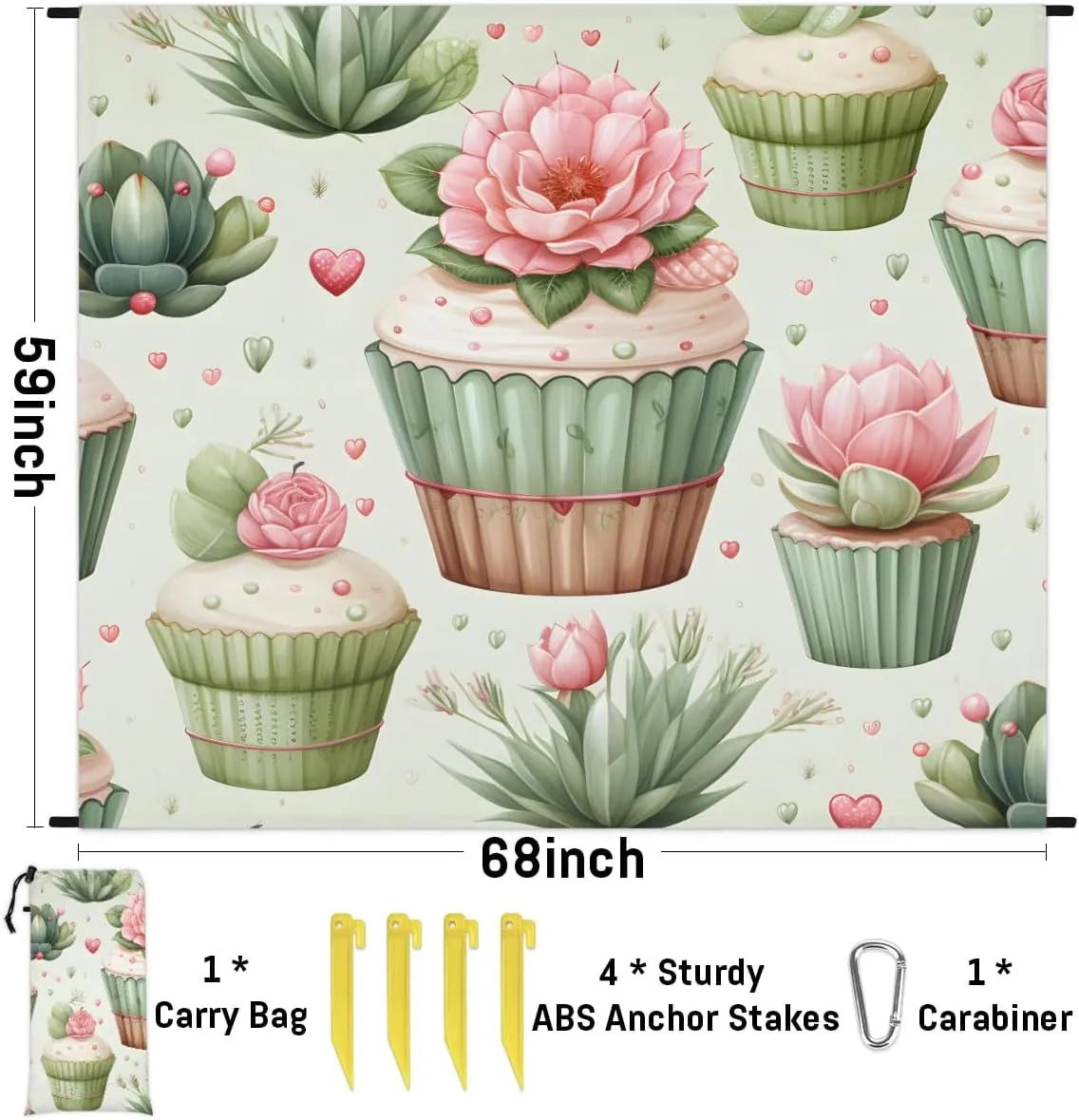 Beach Blanket, Tropical Plants Flowers Sandproof Beach Mat, Waterproof Quick Drying Sand Free Mat with 4 x Ground Spikes for Outdoor Travel Camping Hiking, Cactus Cupcakes 68 x 59 in