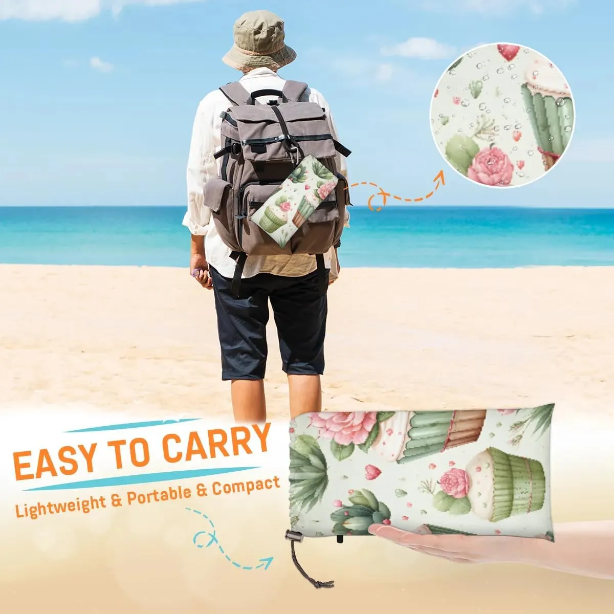 Beach Blanket, Tropical Plants Flowers Sandproof Beach Mat, Waterproof Quick Drying Sand Free Mat with 4 x Ground Spikes for Outdoor Travel Camping Hiking, Cactus Cupcakes 68 x 59 in