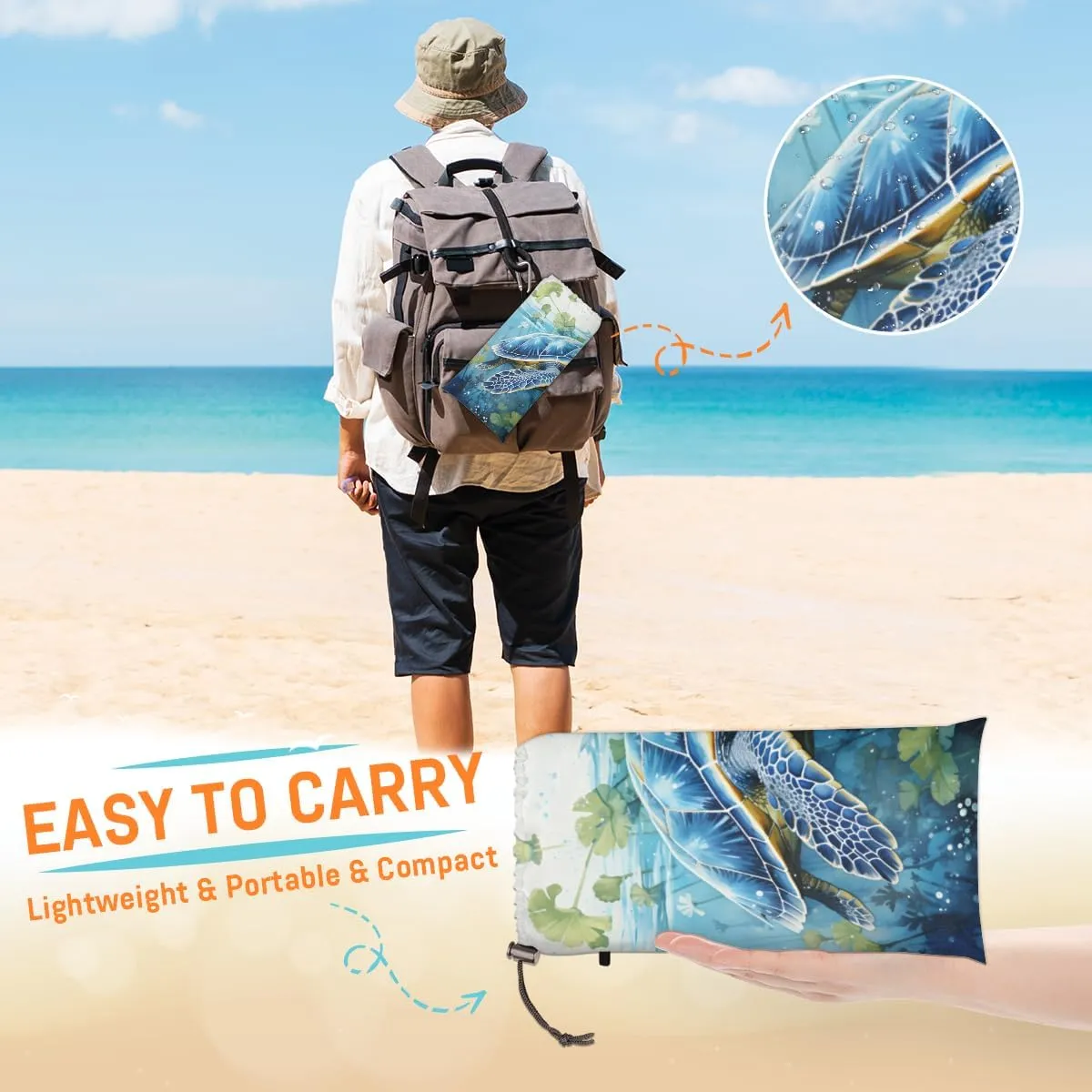 Beach Blanket, Vintage Turtle Sandproof Beach Mat, Waterproof Quick Drying Sand Free Mat with 4 x Ground Spikes for Outdoor Travel Camping Hiking, Turtle 68 x 59 in