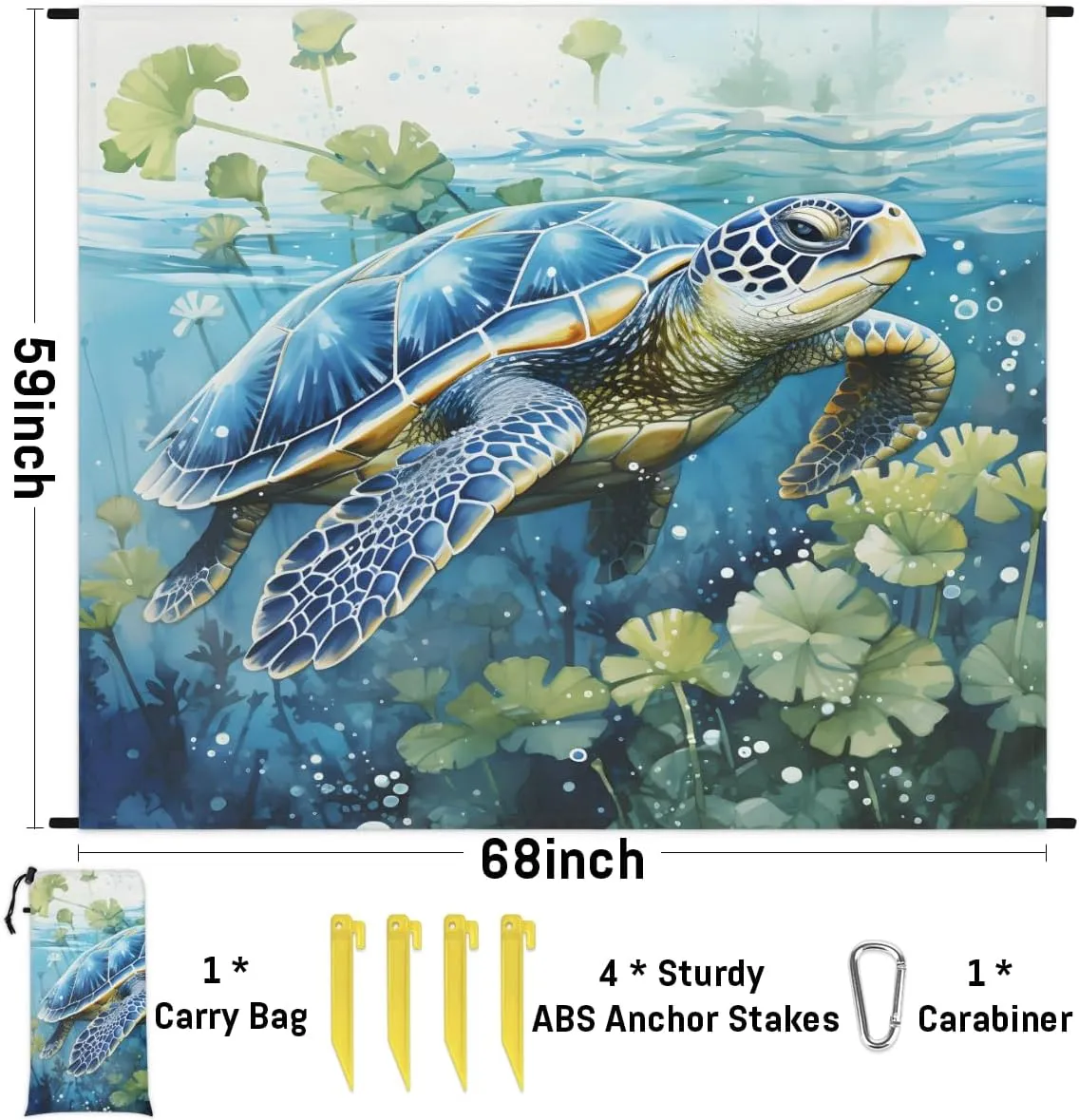 Beach Blanket, Vintage Turtle Sandproof Beach Mat, Waterproof Quick Drying Sand Free Mat with 4 x Ground Spikes for Outdoor Travel Camping Hiking, Turtle 68 x 59 in