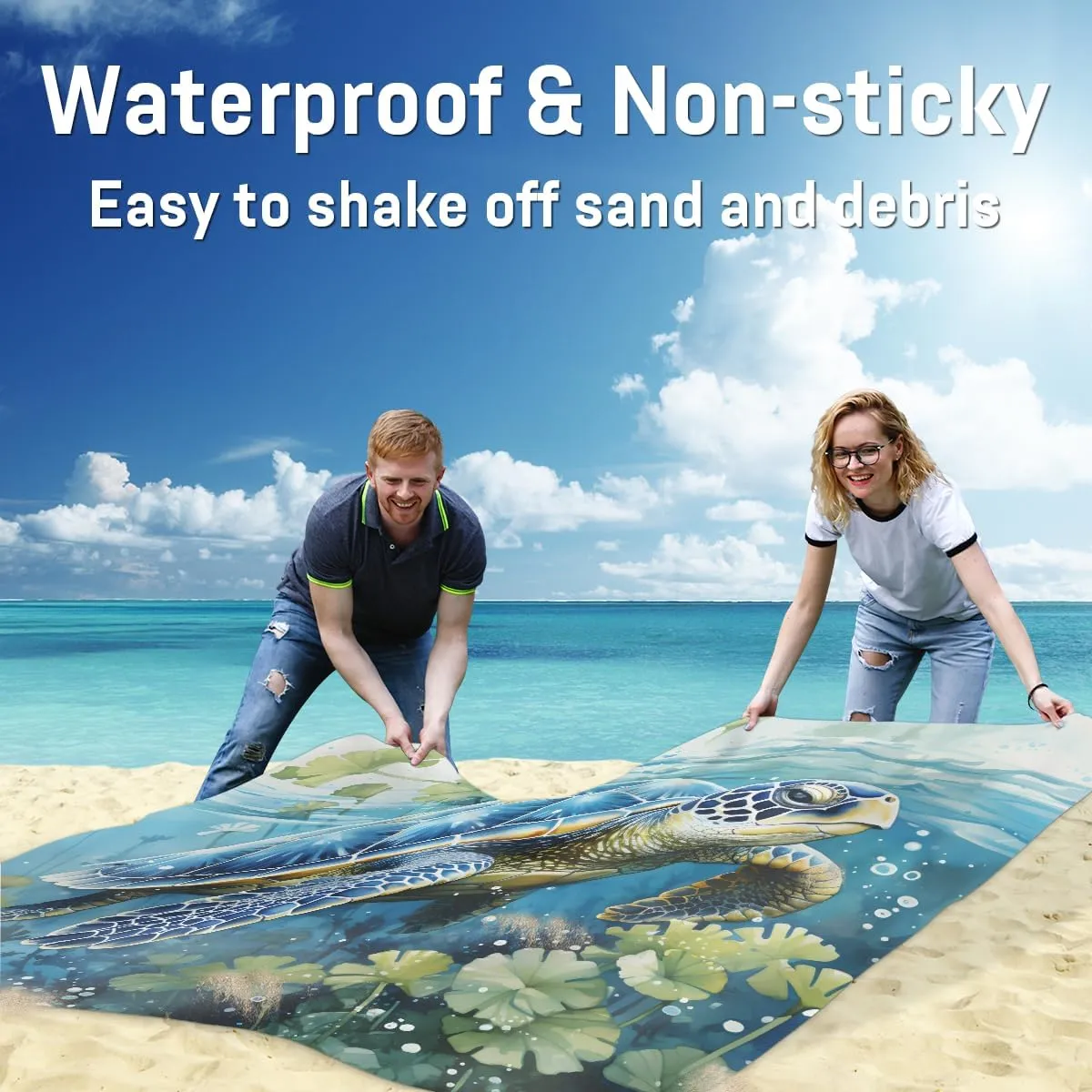 Beach Blanket, Vintage Turtle Sandproof Beach Mat, Waterproof Quick Drying Sand Free Mat with 4 x Ground Spikes for Outdoor Travel Camping Hiking, Turtle 68 x 59 in