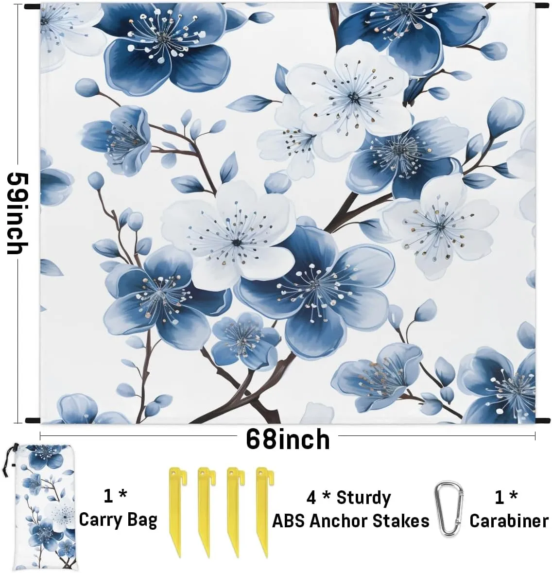 Beach Blanket, Wintersweet Sandproof Beach Mat, Waterproof Quick Drying Sand Free Mat with 4 x Ground Spikes for Outdoor Travel Camping Hiking, Summer Flower 68 x 59 in