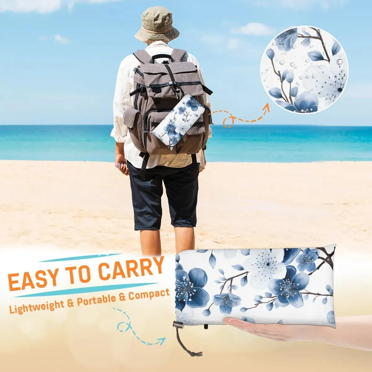Beach Blanket, Wintersweet Sandproof Beach Mat, Waterproof Quick Drying Sand Free Mat with 4 x Ground Spikes for Outdoor Travel Camping Hiking, Summer Flower 68 x 59 in