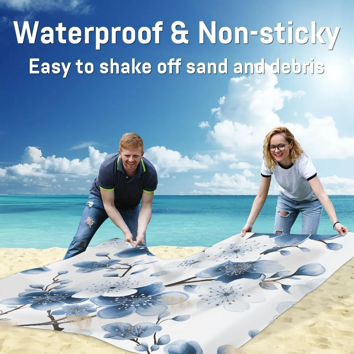 Beach Blanket, Wintersweet Sandproof Beach Mat, Waterproof Quick Drying Sand Free Mat with 4 x Ground Spikes for Outdoor Travel Camping Hiking, Summer Flower 68 x 59 in