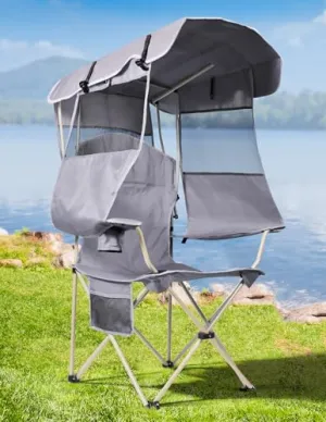 Beach Chair w/ Canopy Shade,Folding Camping Chair w/ Canopy & Cup Holder