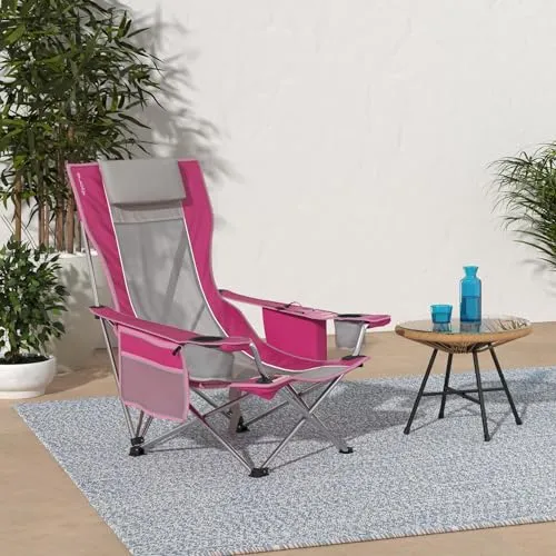 Beach Sling Chair w/ Cooler Pocket & Detachable Pillow-Beach Folding Chair & Camping Chair