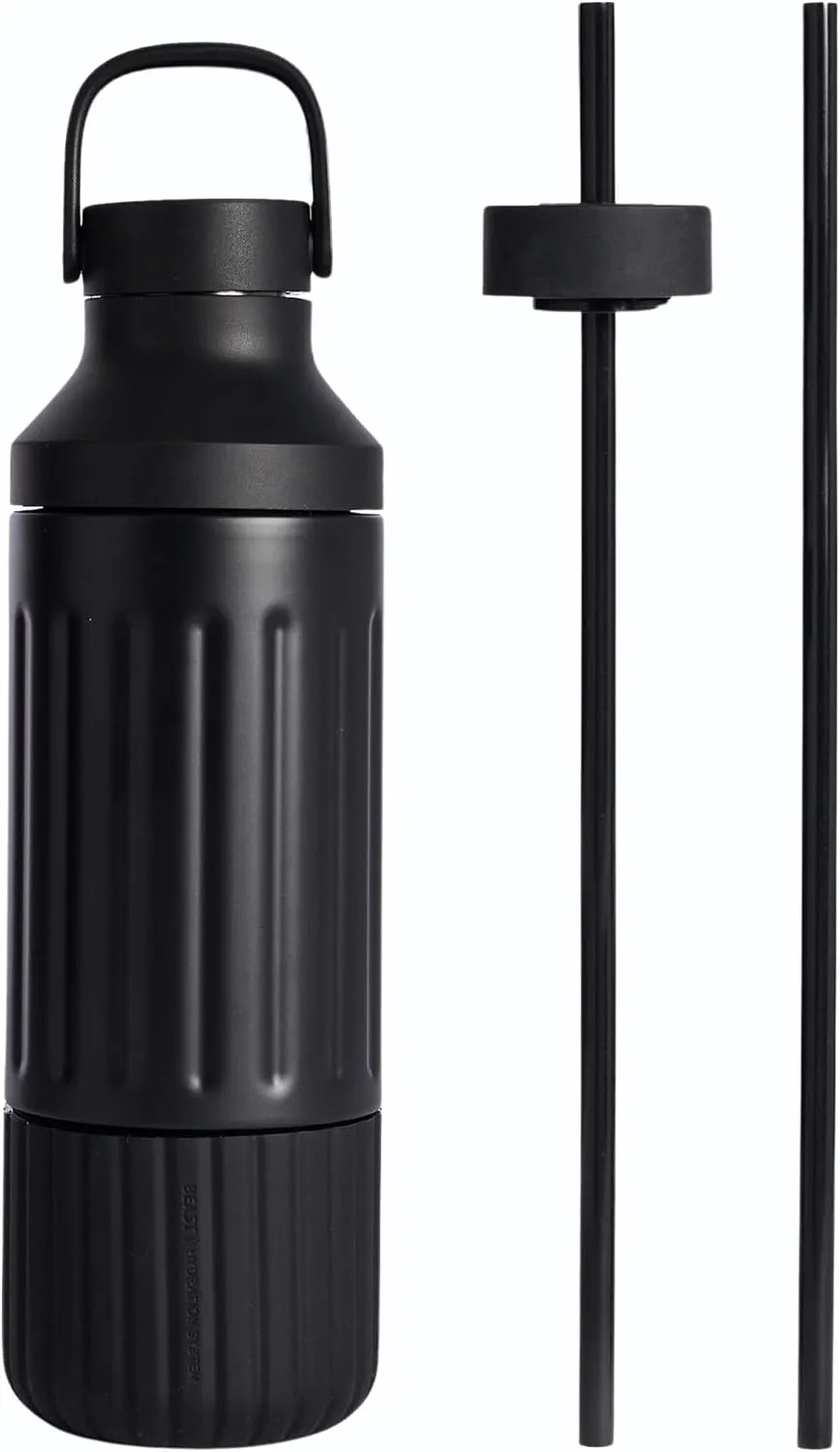 BEAST Health® Stainless Steel Water Bottle, 22 oz, Insulated Stainless Steel, Leak-Proof, Reusable Straw System, Portable Carry Cap, BPA-Free, Dishwasher Safe (Carbon Black)