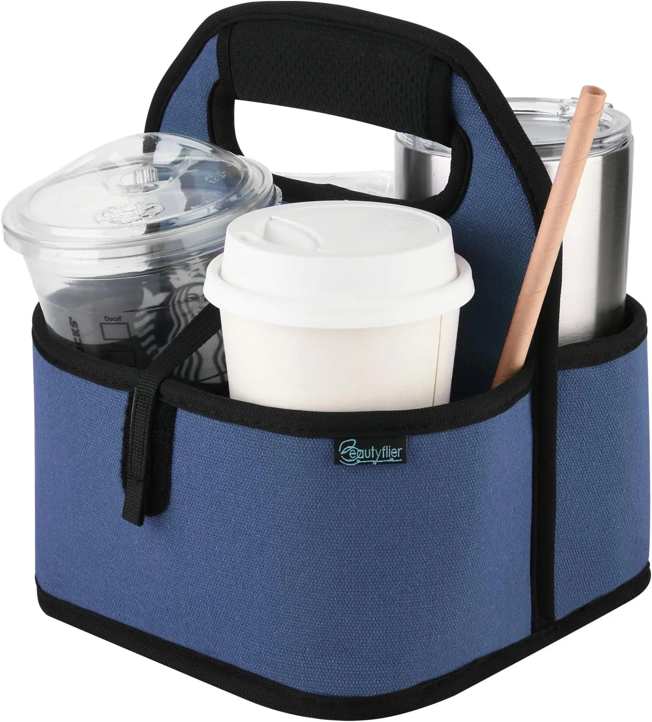 Beautyflier Reusable Insulated Coffee Cup Carrier, Portable Drink Holder with Handle Organizer Tote Bag for Hot & Cold Drinks (Blue)