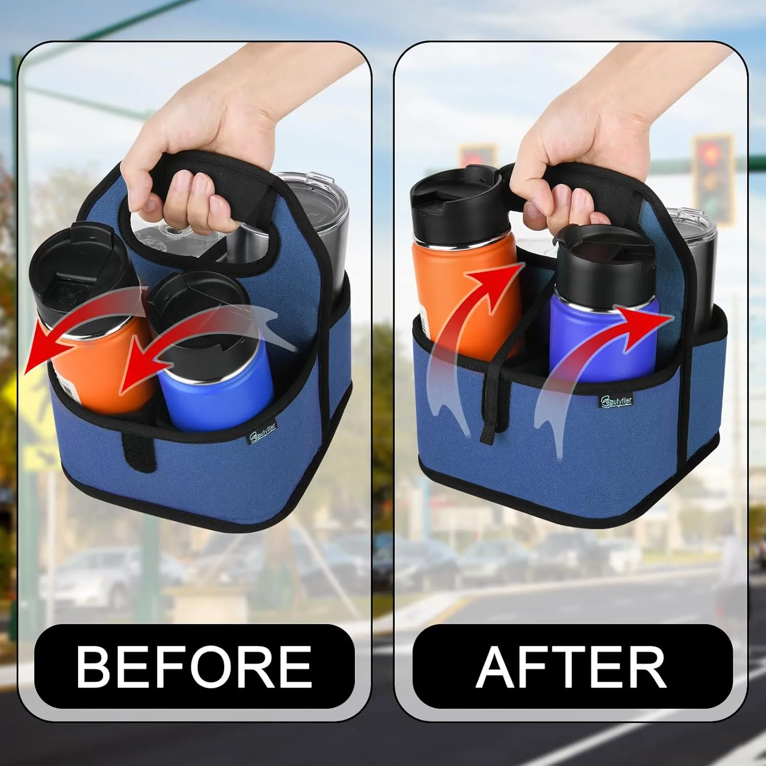 Beautyflier Reusable Insulated Coffee Cup Carrier, Portable Drink Holder with Handle Organizer Tote Bag for Hot & Cold Drinks (Blue)