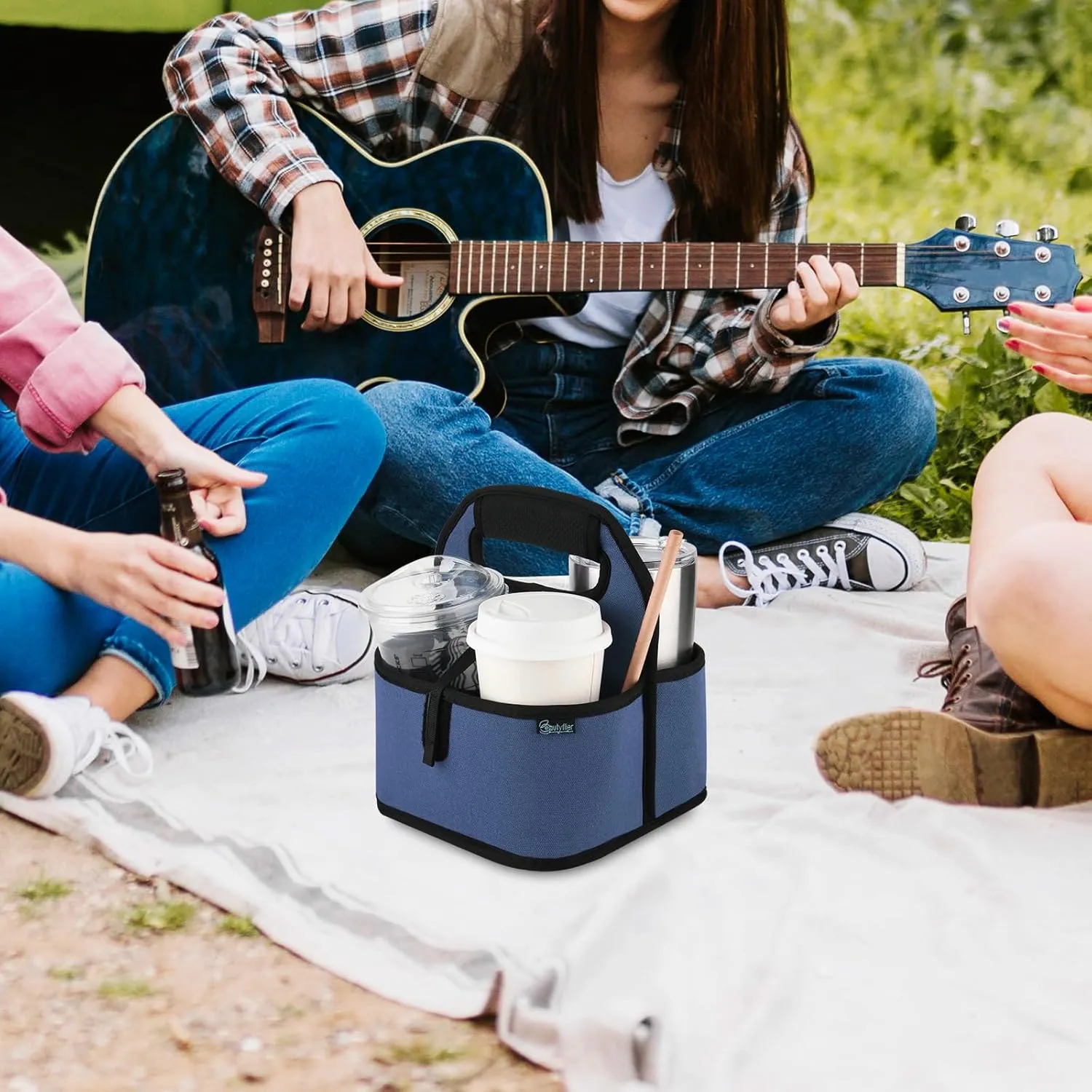 Beautyflier Reusable Insulated Coffee Cup Carrier, Portable Drink Holder with Handle Organizer Tote Bag for Hot & Cold Drinks (Blue)