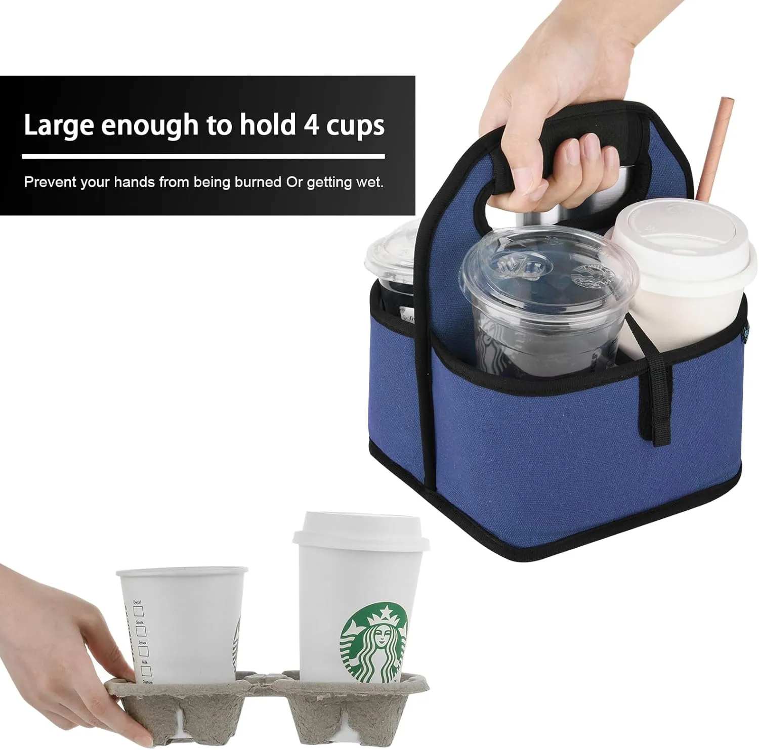 Beautyflier Reusable Insulated Coffee Cup Carrier, Portable Drink Holder with Handle Organizer Tote Bag for Hot & Cold Drinks (Blue)