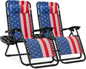 Best Choice Products Set of 2 Adjustable Steel Mesh Zero Gravity Lounge Chair Recliners w/Pillows and Cup Holder Trays - American Flag