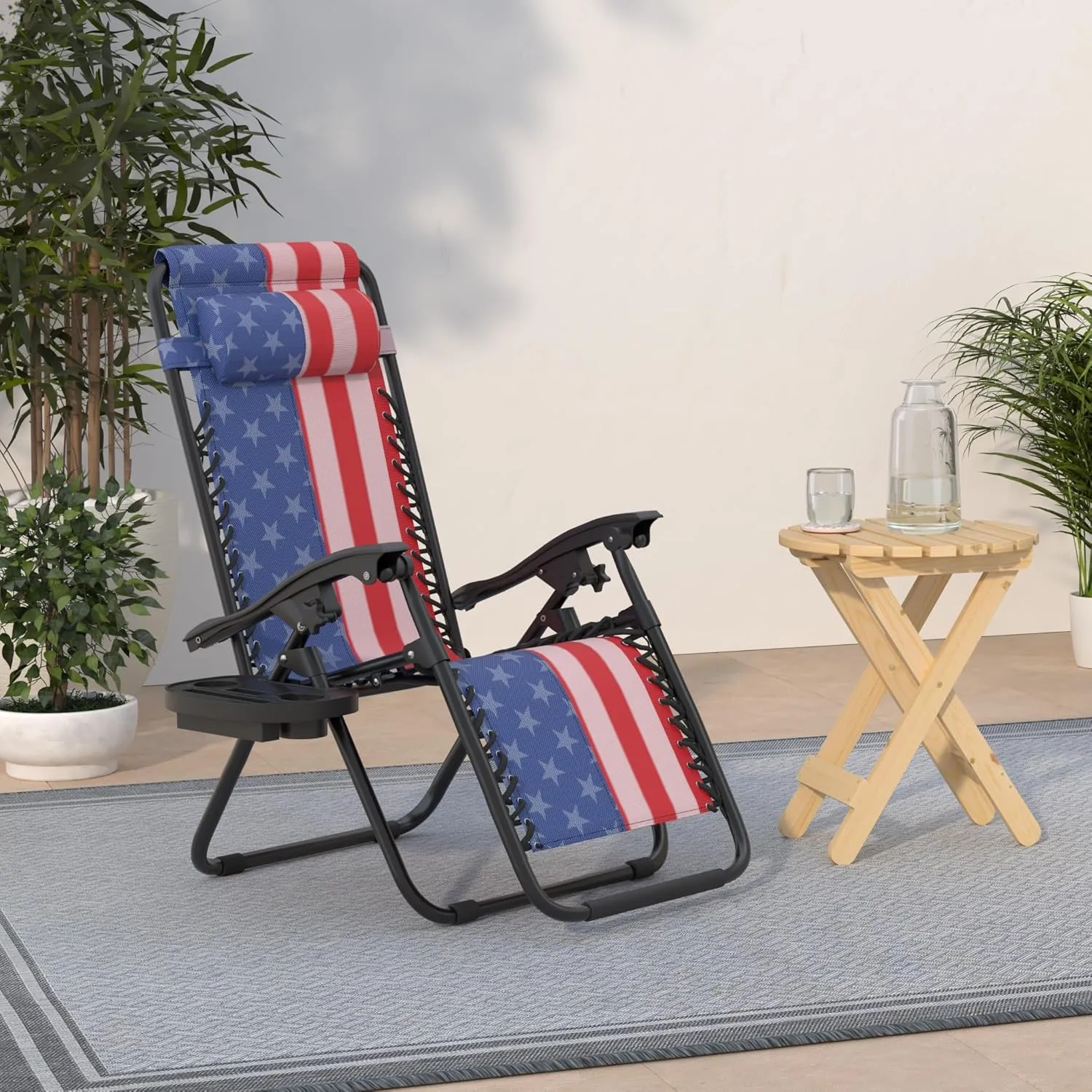 Best Choice Products Set of 2 Adjustable Steel Mesh Zero Gravity Lounge Chair Recliners w/Pillows and Cup Holder Trays - American Flag