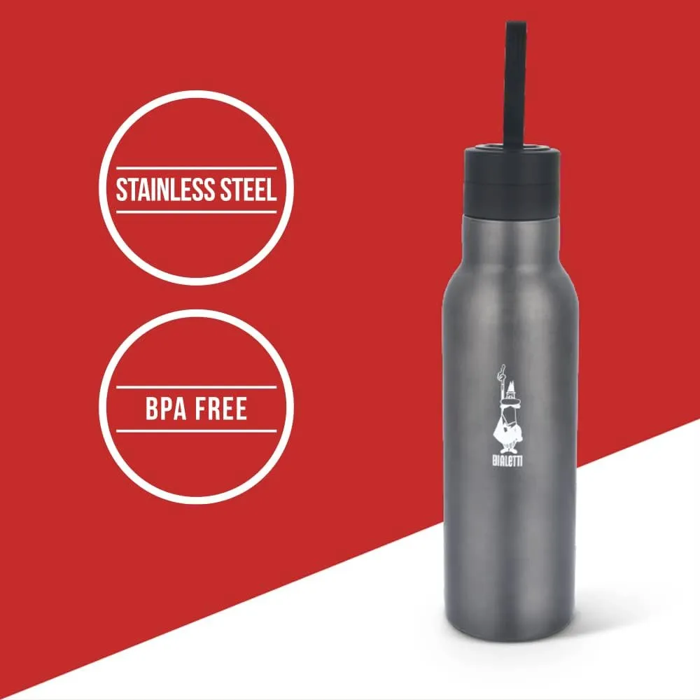 Bialetti - Stainless-steel Water Bottle 25oz: Double-Layered Vacuum Insulated, Keeps Drink Cold for 24 Hours and Hot for 12 Hours, Dark Grey