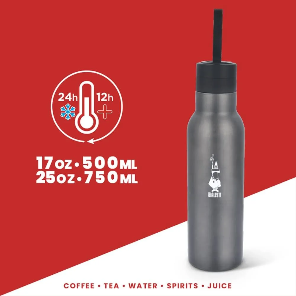 Bialetti - Stainless-steel Water Bottle 25oz: Double-Layered Vacuum Insulated, Keeps Drink Cold for 24 Hours and Hot for 12 Hours, Dark Grey