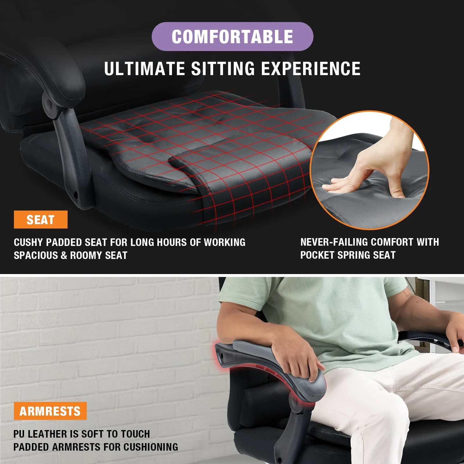 Big and Tall Executive Office Chair with Footrest, Ergonomic Reclining Swivel Computer Chair, High Back Home Office Chair with Lumbar Support, Height Adjustable, Padded Armrests, Rolling