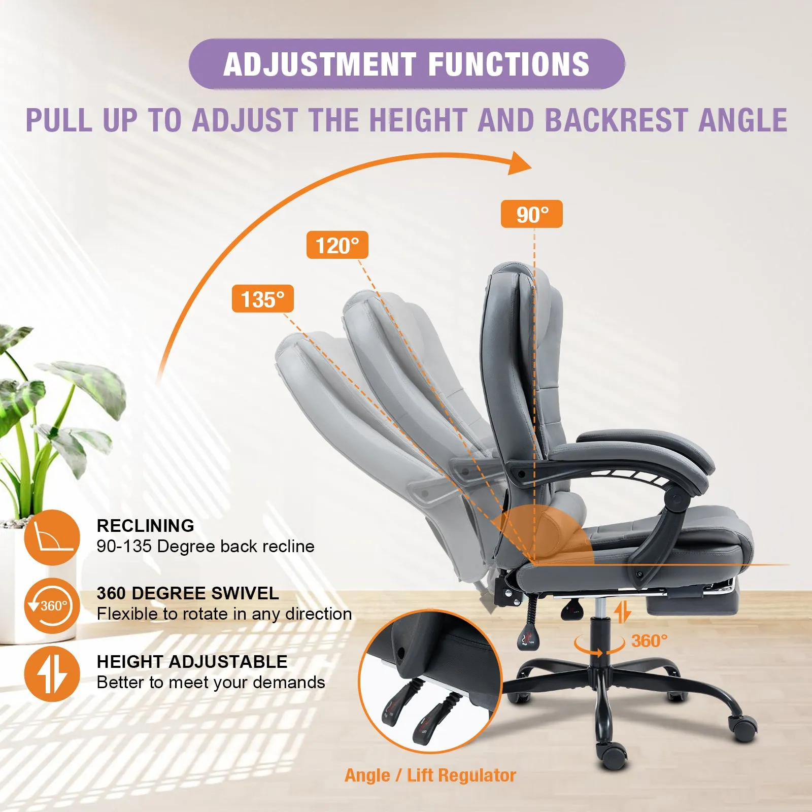 Big and Tall Executive Office Chair with Footrest, Ergonomic Reclining Swivel Computer Chair, High Back Home Office Chair with Lumbar Support, Height Adjustable, Padded Armrests, Rolling
