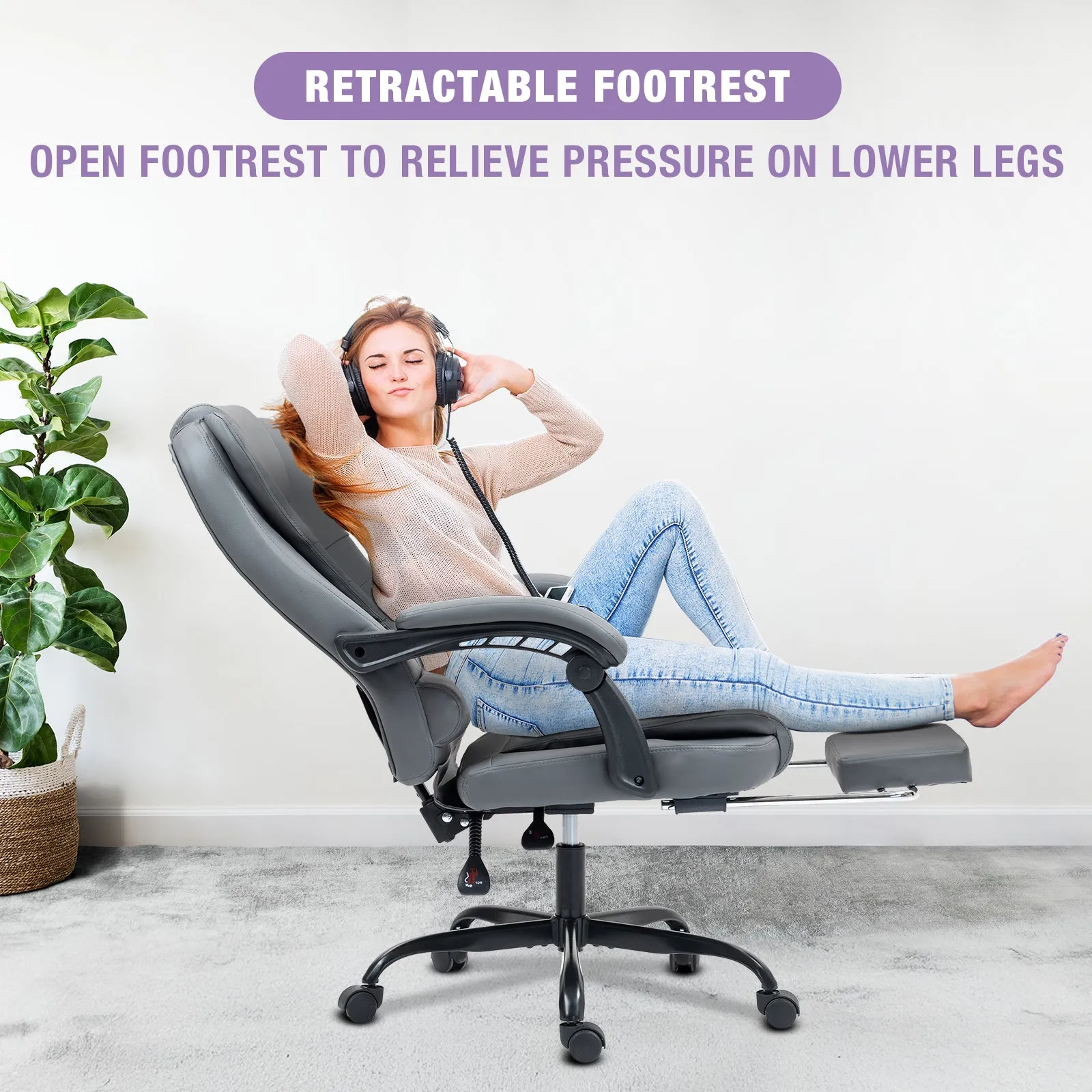 Big and Tall Executive Office Chair with Footrest, Ergonomic Reclining Swivel Computer Chair, High Back Home Office Chair with Lumbar Support, Height Adjustable, Padded Armrests, Rolling