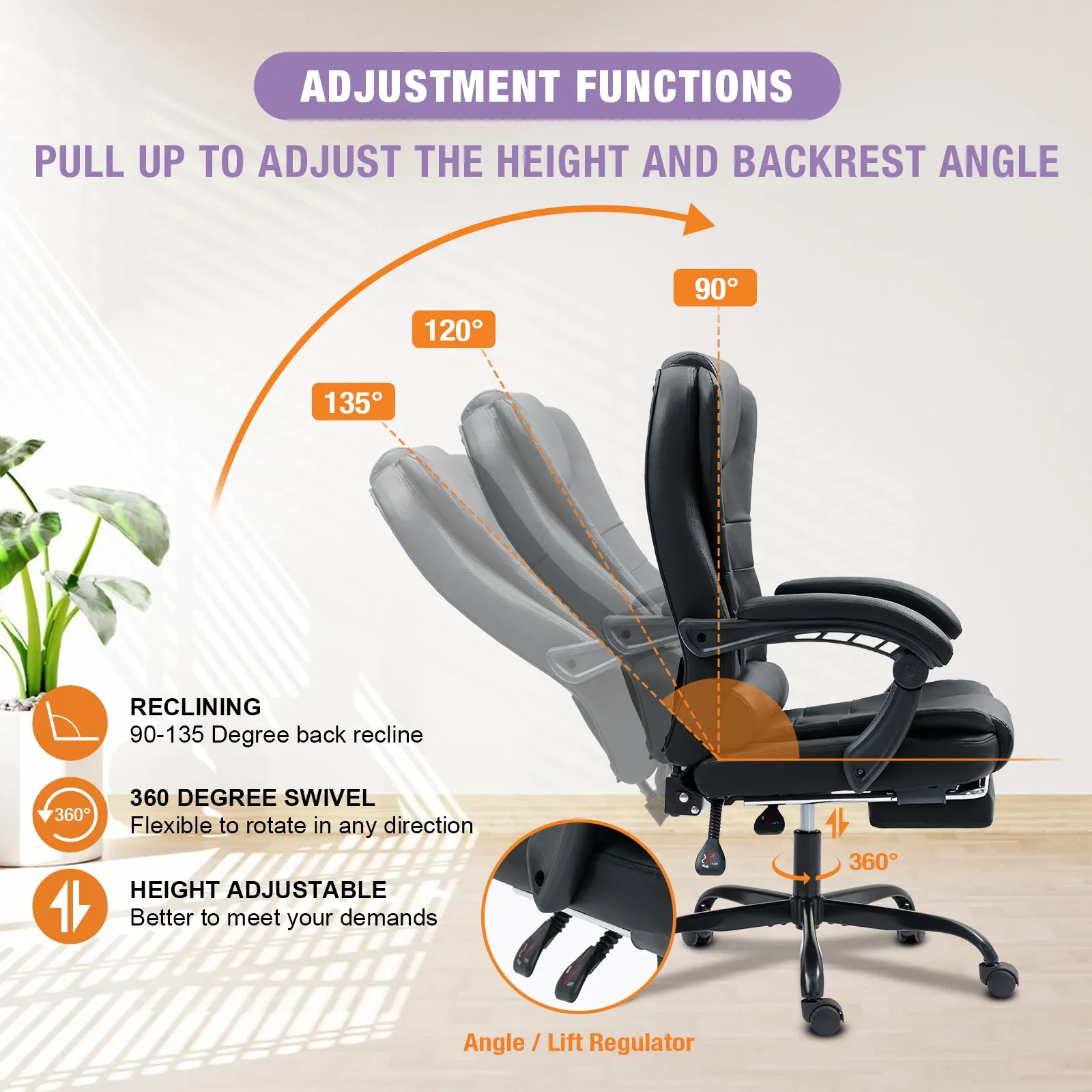Big and Tall Executive Office Chair with Footrest, Ergonomic Reclining Swivel Computer Chair, High Back Home Office Chair with Lumbar Support, Height Adjustable, Padded Armrests, Rolling