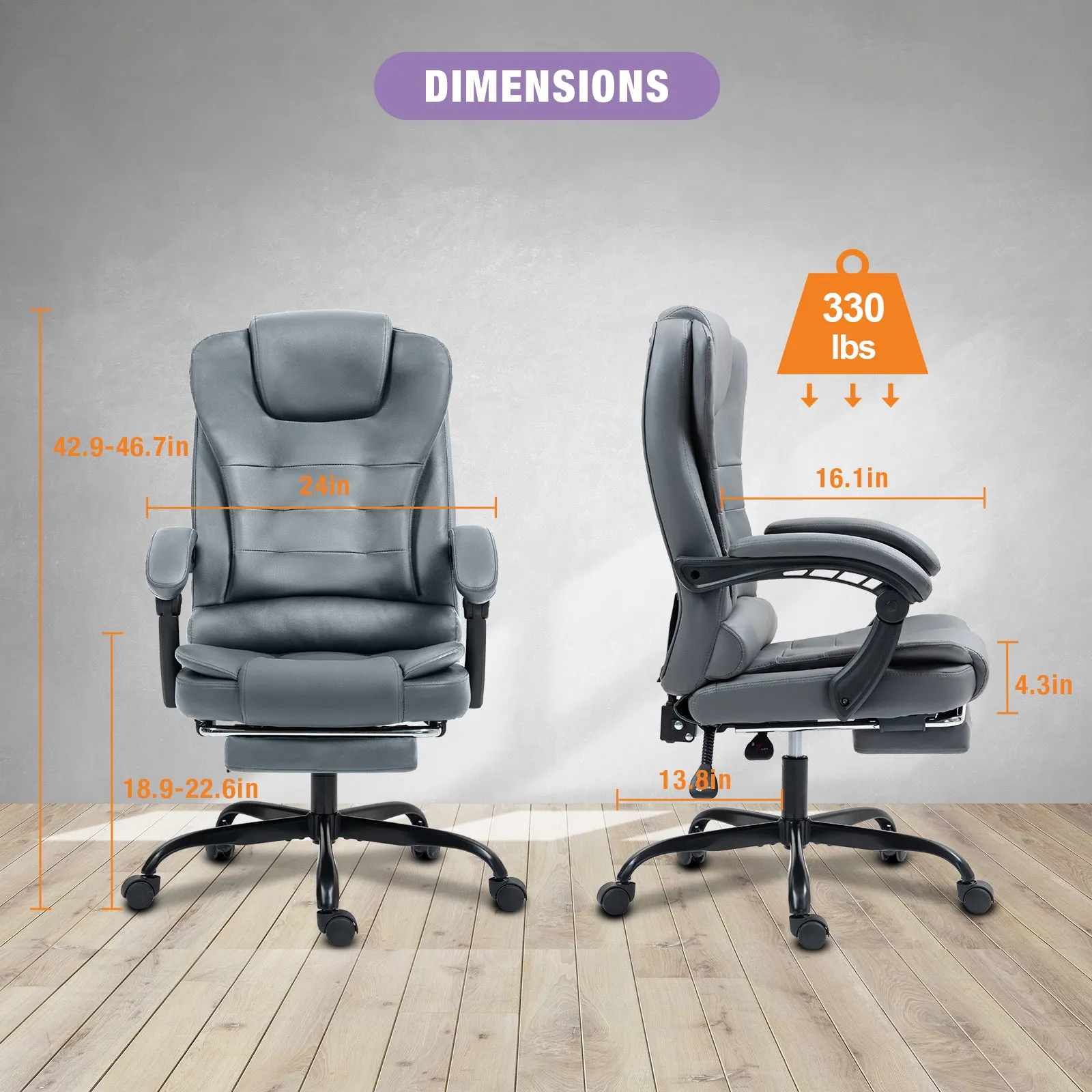 Big and Tall Executive Office Chair with Footrest, Ergonomic Reclining Swivel Computer Chair, High Back Home Office Chair with Lumbar Support, Height Adjustable, Padded Armrests, Rolling