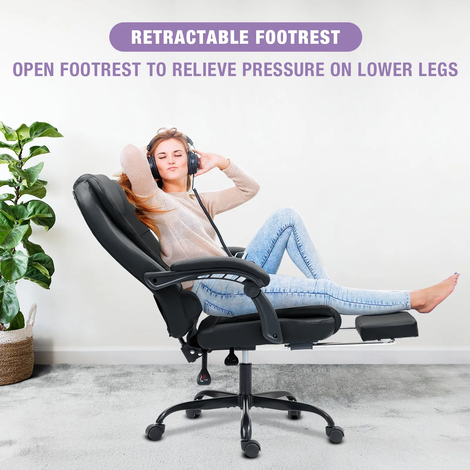 Big and Tall Executive Office Chair with Footrest, Ergonomic Reclining Swivel Computer Chair, High Back Home Office Chair with Lumbar Support, Height Adjustable, Padded Armrests, Rolling