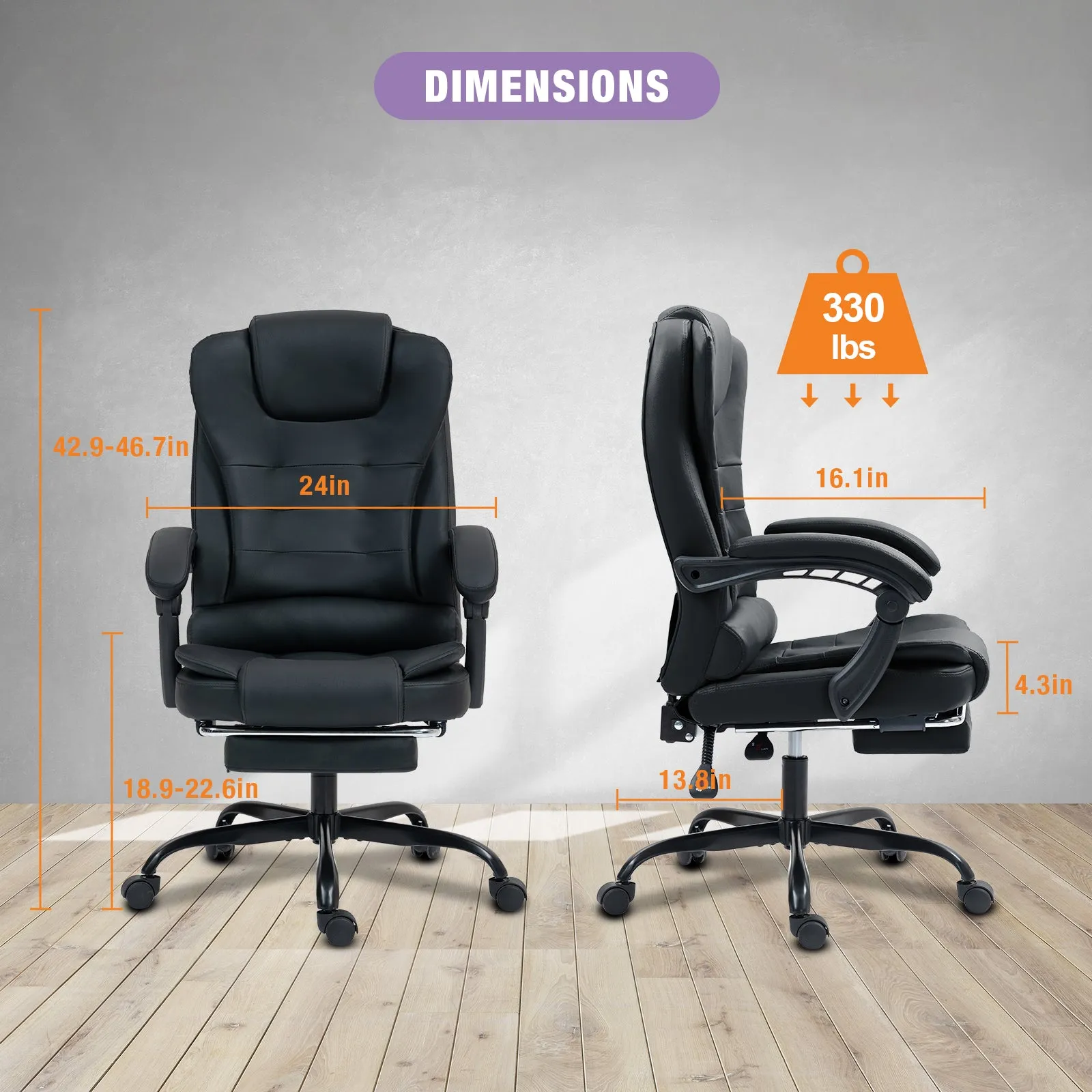 Big and Tall Executive Office Chair with Footrest, Ergonomic Reclining Swivel Computer Chair, High Back Home Office Chair with Lumbar Support, Height Adjustable, Padded Armrests, Rolling