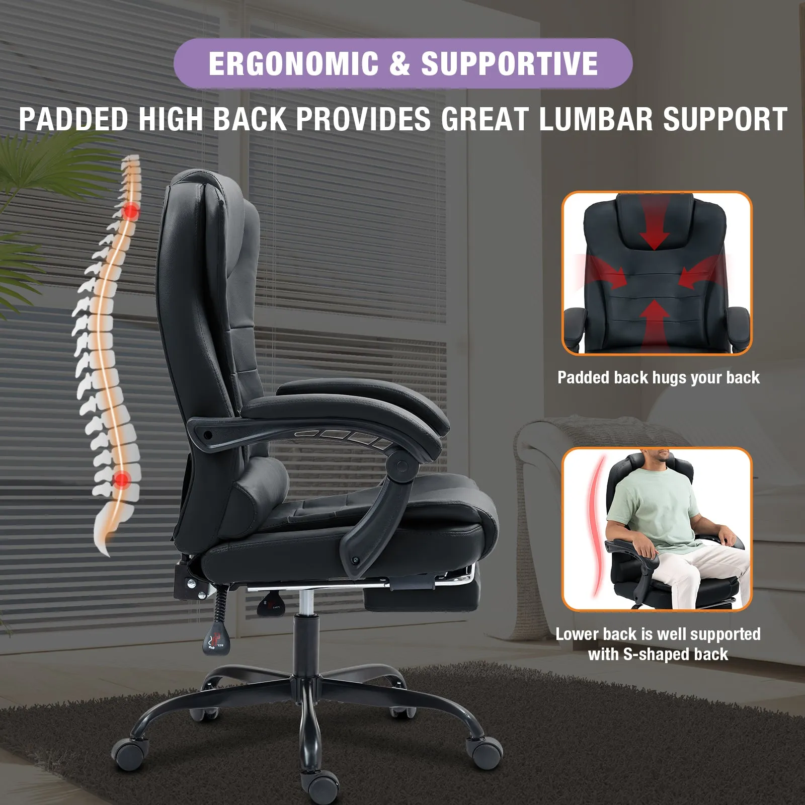 Big and Tall Executive Office Chair with Footrest, Ergonomic Reclining Swivel Computer Chair, High Back Home Office Chair with Lumbar Support, Height Adjustable, Padded Armrests, Rolling