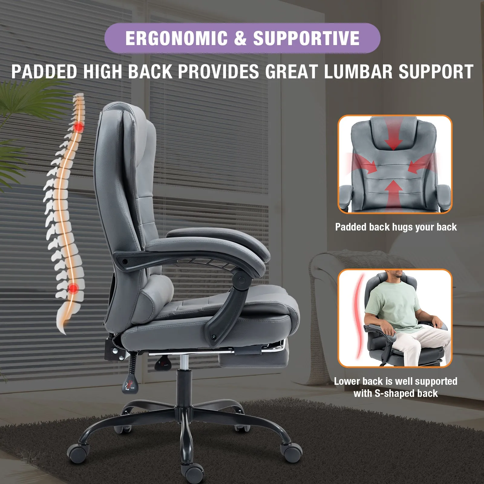 Big and Tall Executive Office Chair with Footrest, Ergonomic Reclining Swivel Computer Chair, High Back Home Office Chair with Lumbar Support, Height Adjustable, Padded Armrests, Rolling
