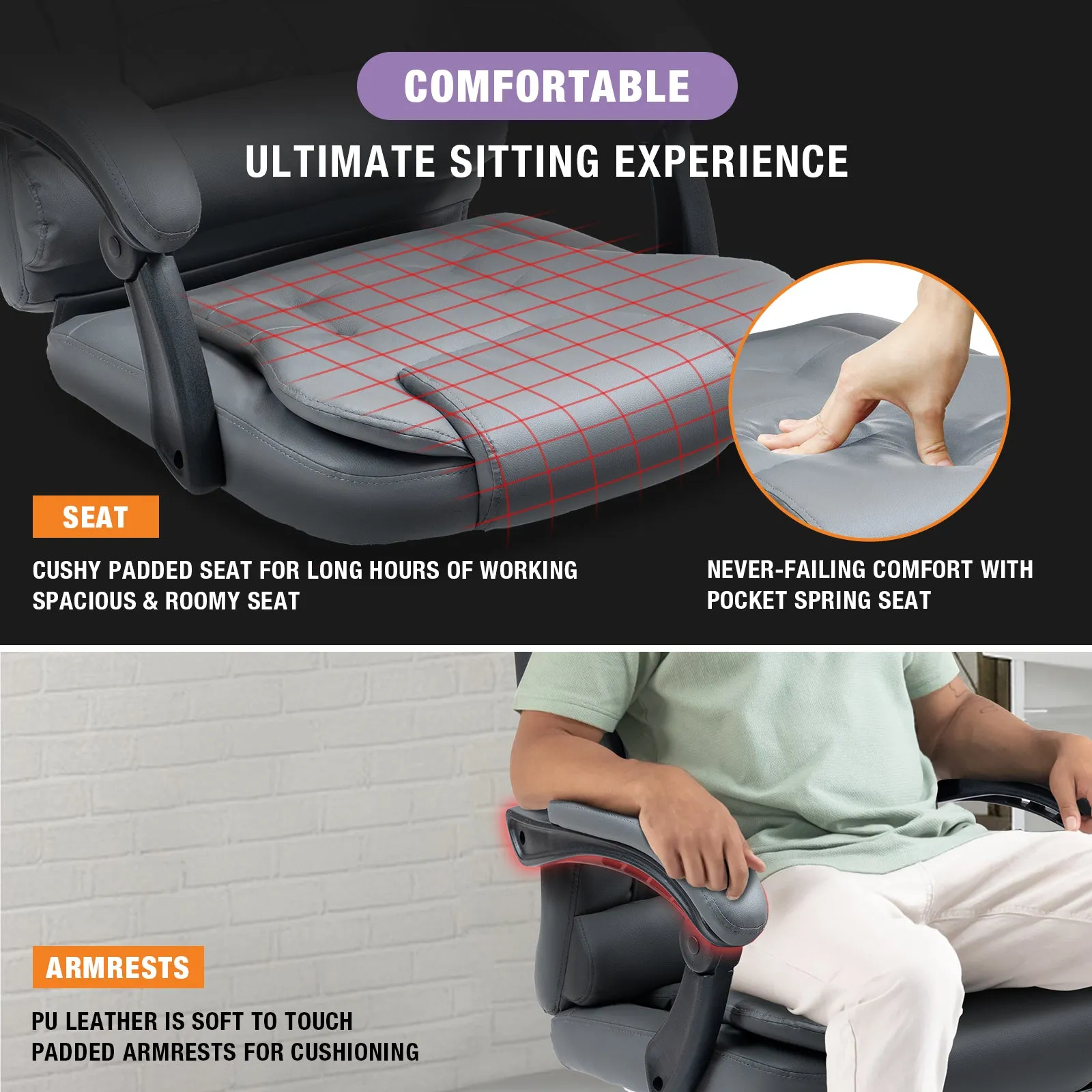 Big and Tall Executive Office Chair with Footrest, Ergonomic Reclining Swivel Computer Chair, High Back Home Office Chair with Lumbar Support, Height Adjustable, Padded Armrests, Rolling