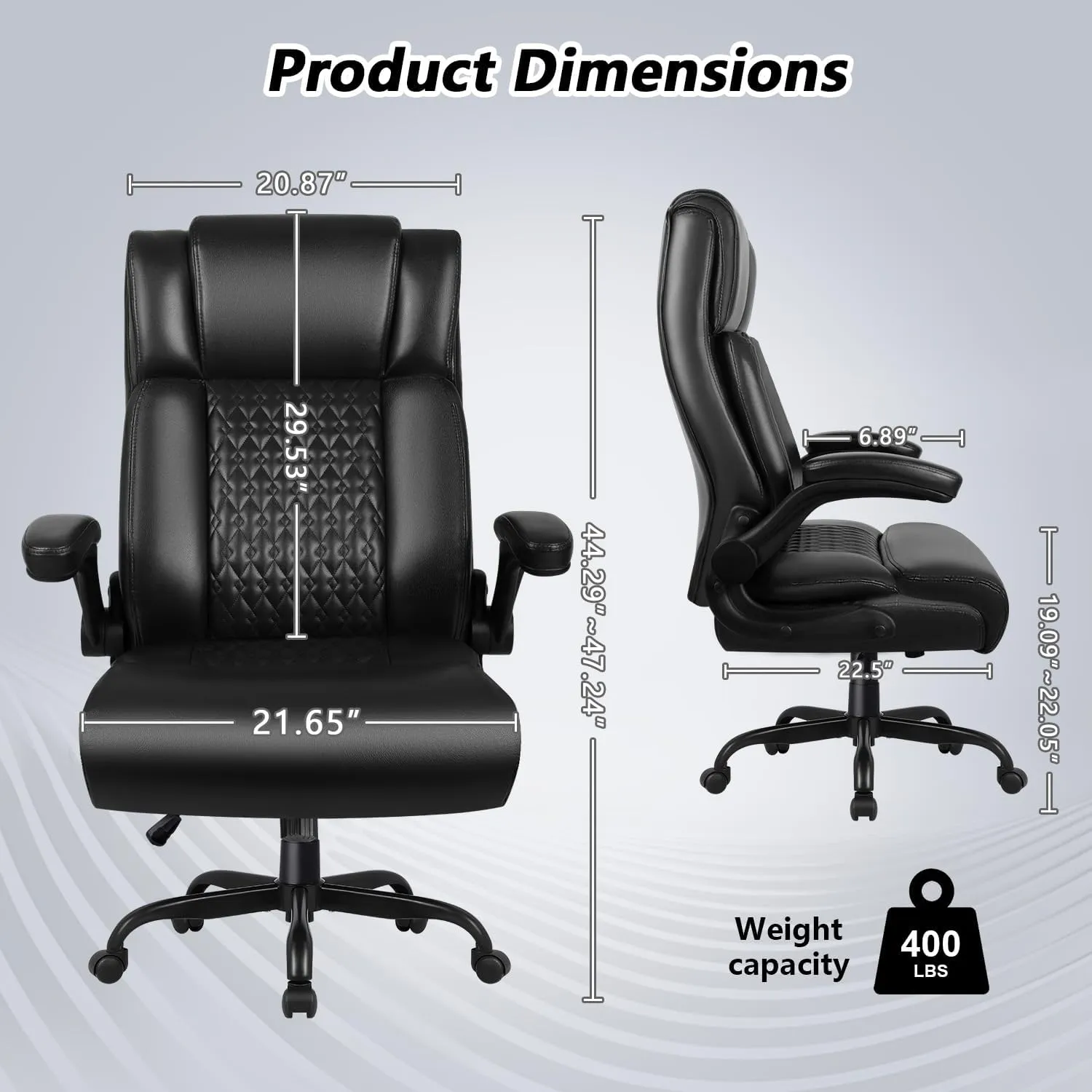 Big and Tall Office Chair, Ergonomic Leather Office Computer Desk Chair, Black Heavy Duty Office Chair with Flip-up Armrest, Comfortable High Back Home Chair 400 LBS with Lumbar Support