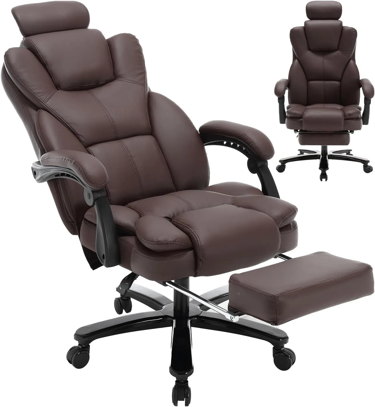 Big and Tall Reclining Office Chair with Footrest & Headrest 400lb, PU Leather Office Chairs for Heavy People, Ergonomic High Back Home Office Desk Chair Executive Office Chairs with Wheels, Brown