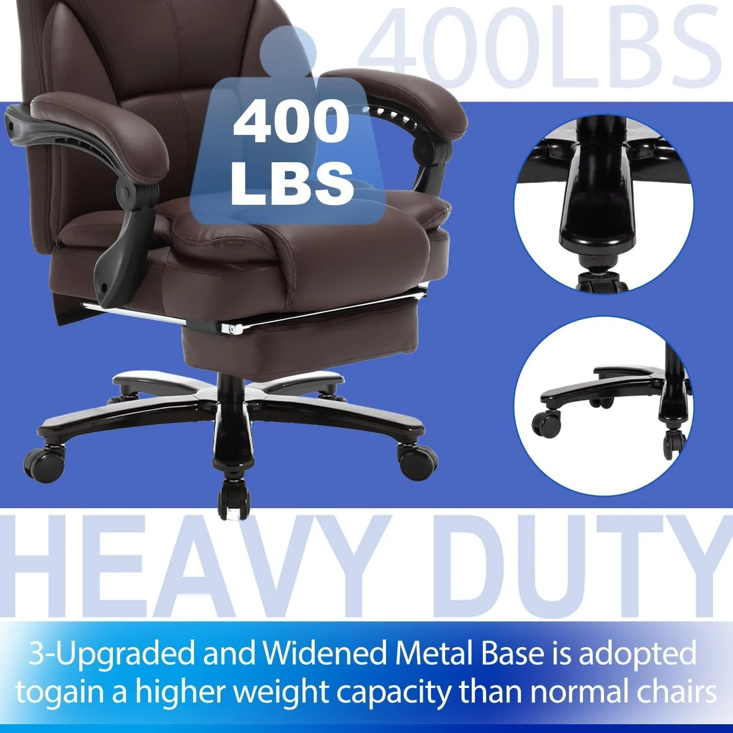 Big and Tall Reclining Office Chair with Footrest & Headrest 400lb, PU Leather Office Chairs for Heavy People, Ergonomic High Back Home Office Desk Chair Executive Office Chairs with Wheels, Brown