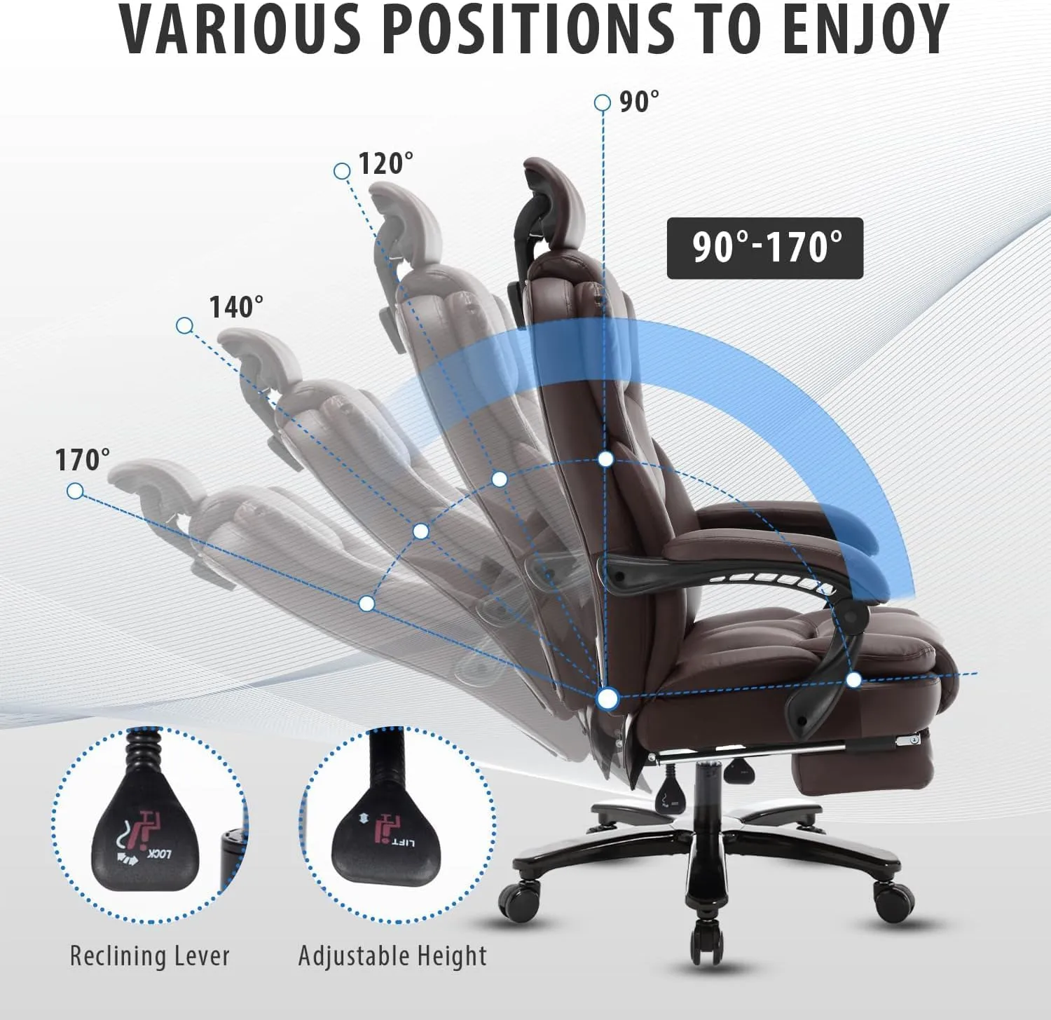 Big and Tall Reclining Office Chair with Footrest & Headrest 400lb, PU Leather Office Chairs for Heavy People, Ergonomic High Back Home Office Desk Chair Executive Office Chairs with Wheels, Brown