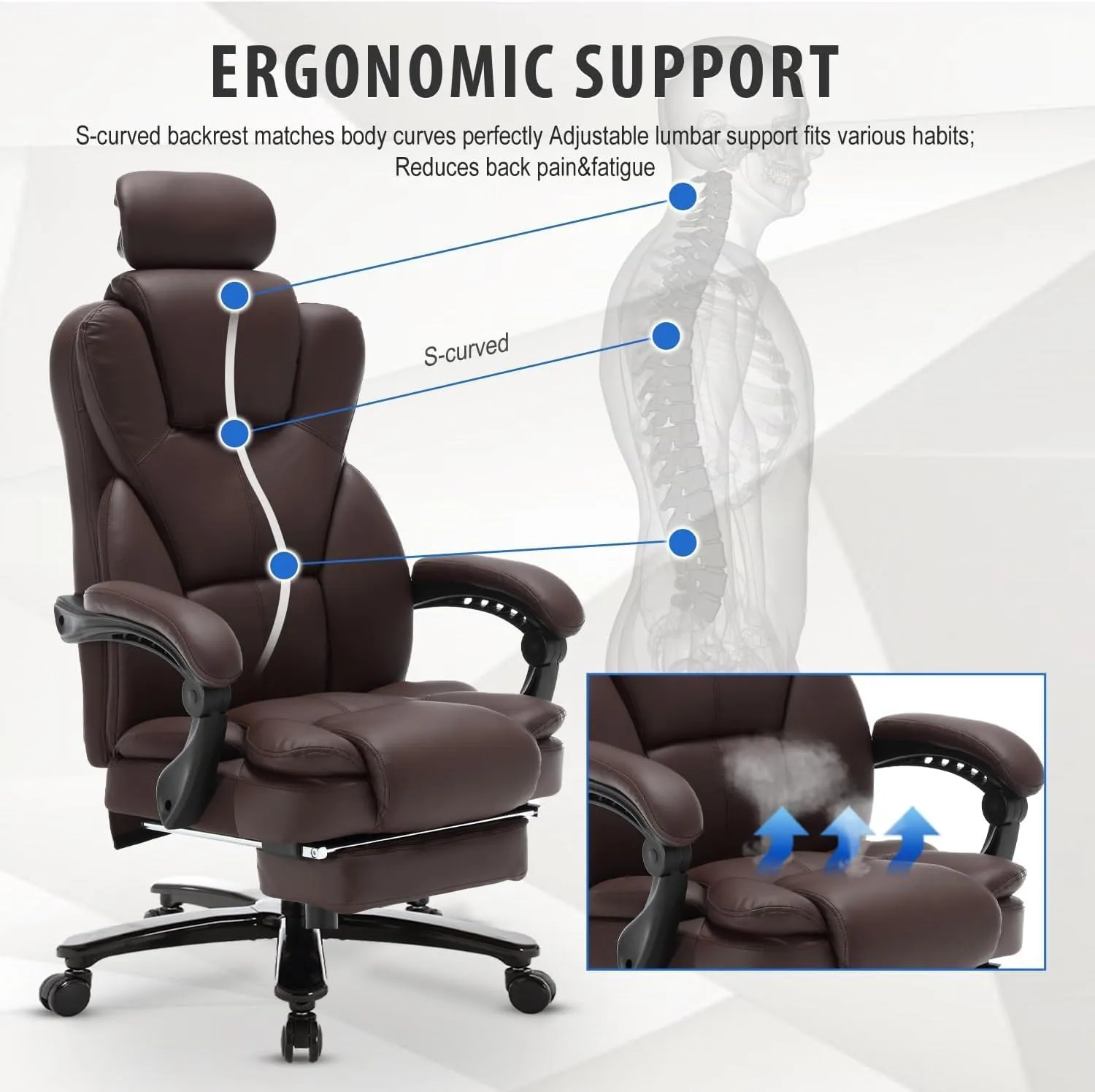 Big and Tall Reclining Office Chair with Footrest & Headrest 400lb, PU Leather Office Chairs for Heavy People, Ergonomic High Back Home Office Desk Chair Executive Office Chairs with Wheels, Brown