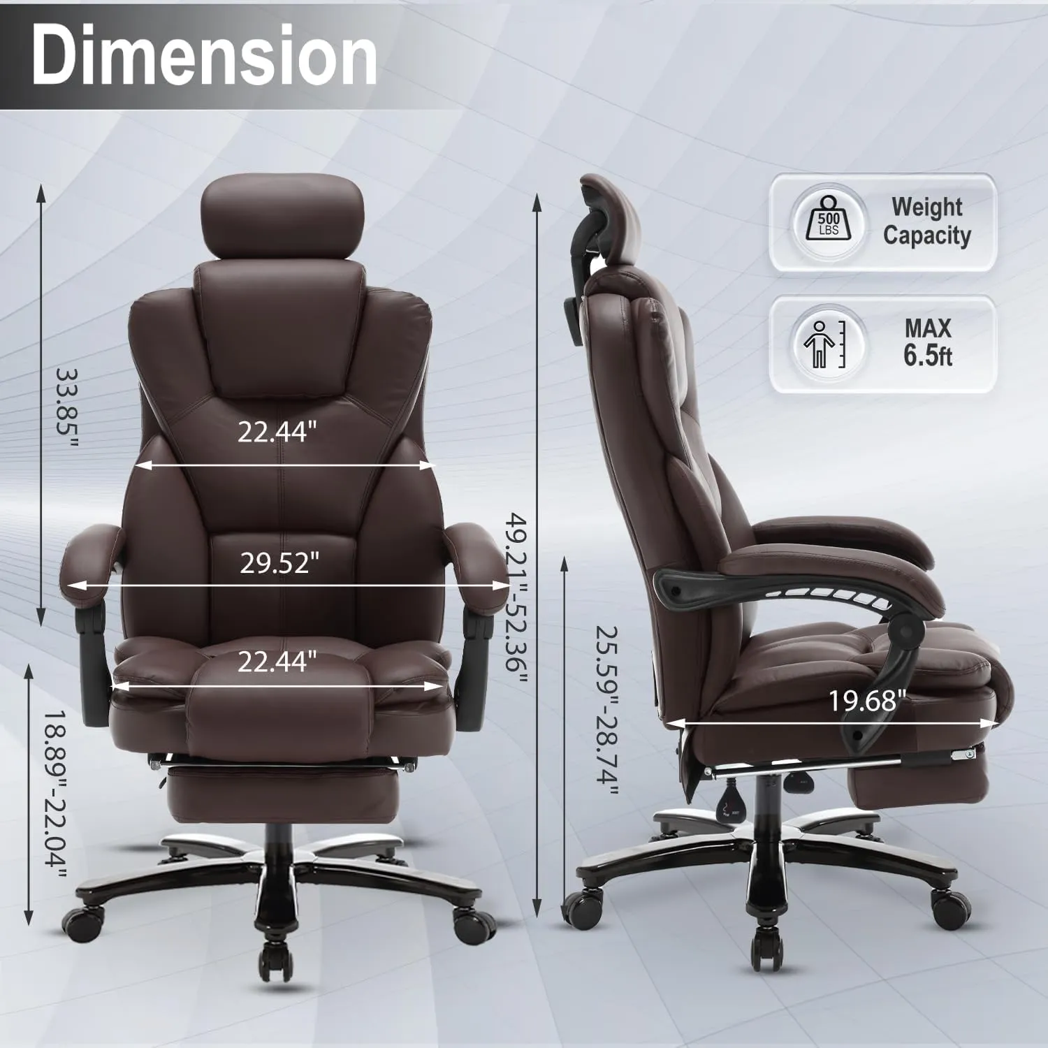 Big and Tall Reclining Office Chair with Footrest & Headrest 400lb, PU Leather Office Chairs for Heavy People, Ergonomic High Back Home Office Desk Chair Executive Office Chairs with Wheels, Brown