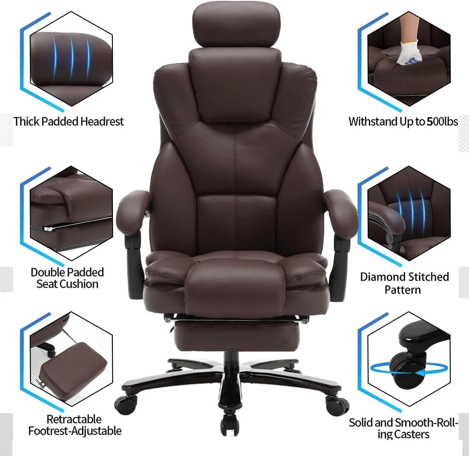 Big and Tall Reclining Office Chair with Footrest & Headrest 400lb, PU Leather Office Chairs for Heavy People, Ergonomic High Back Home Office Desk Chair Executive Office Chairs with Wheels, Brown