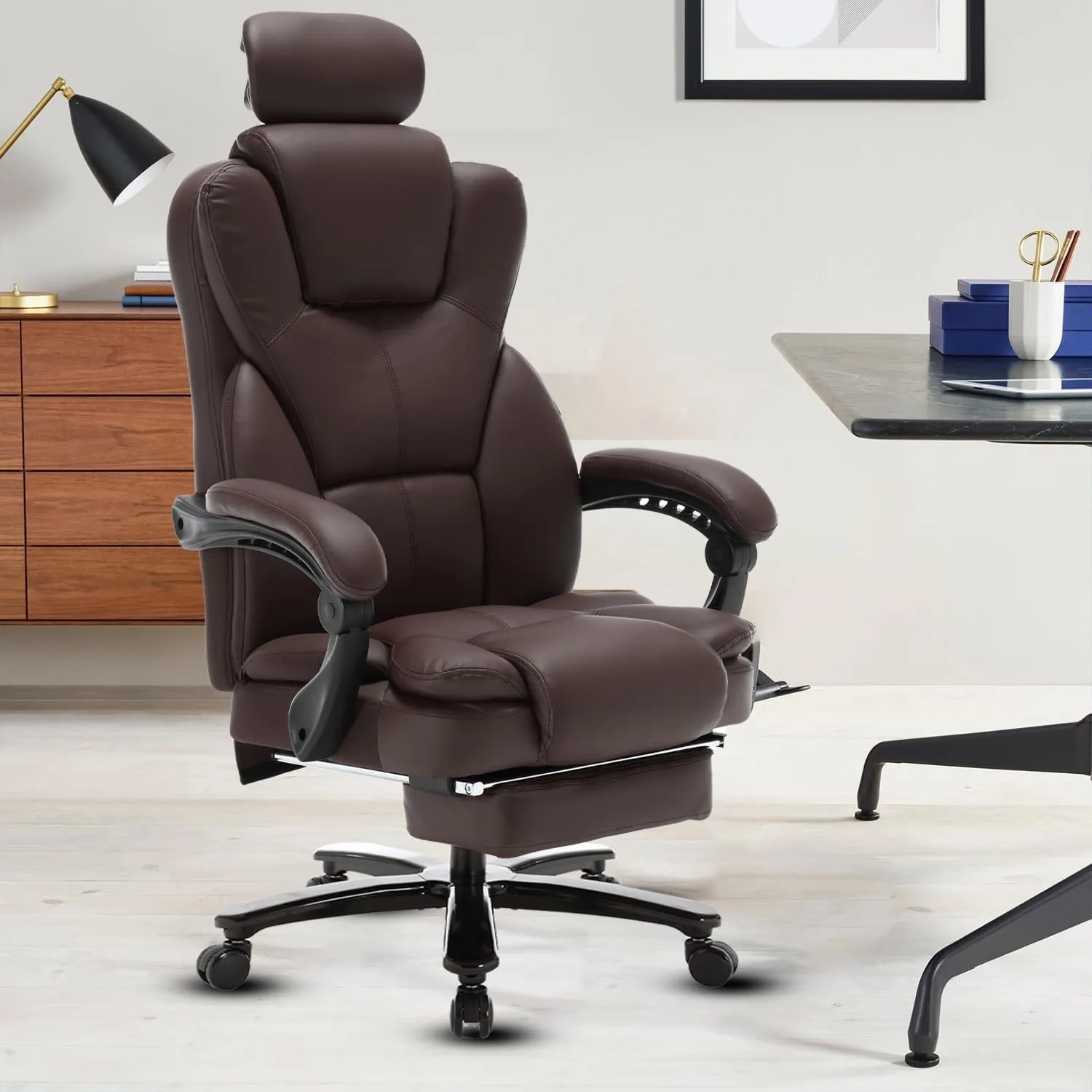 Big and Tall Reclining Office Chair with Footrest & Headrest 400lb, PU Leather Office Chairs for Heavy People, Ergonomic High Back Home Office Desk Chair Executive Office Chairs with Wheels, Brown